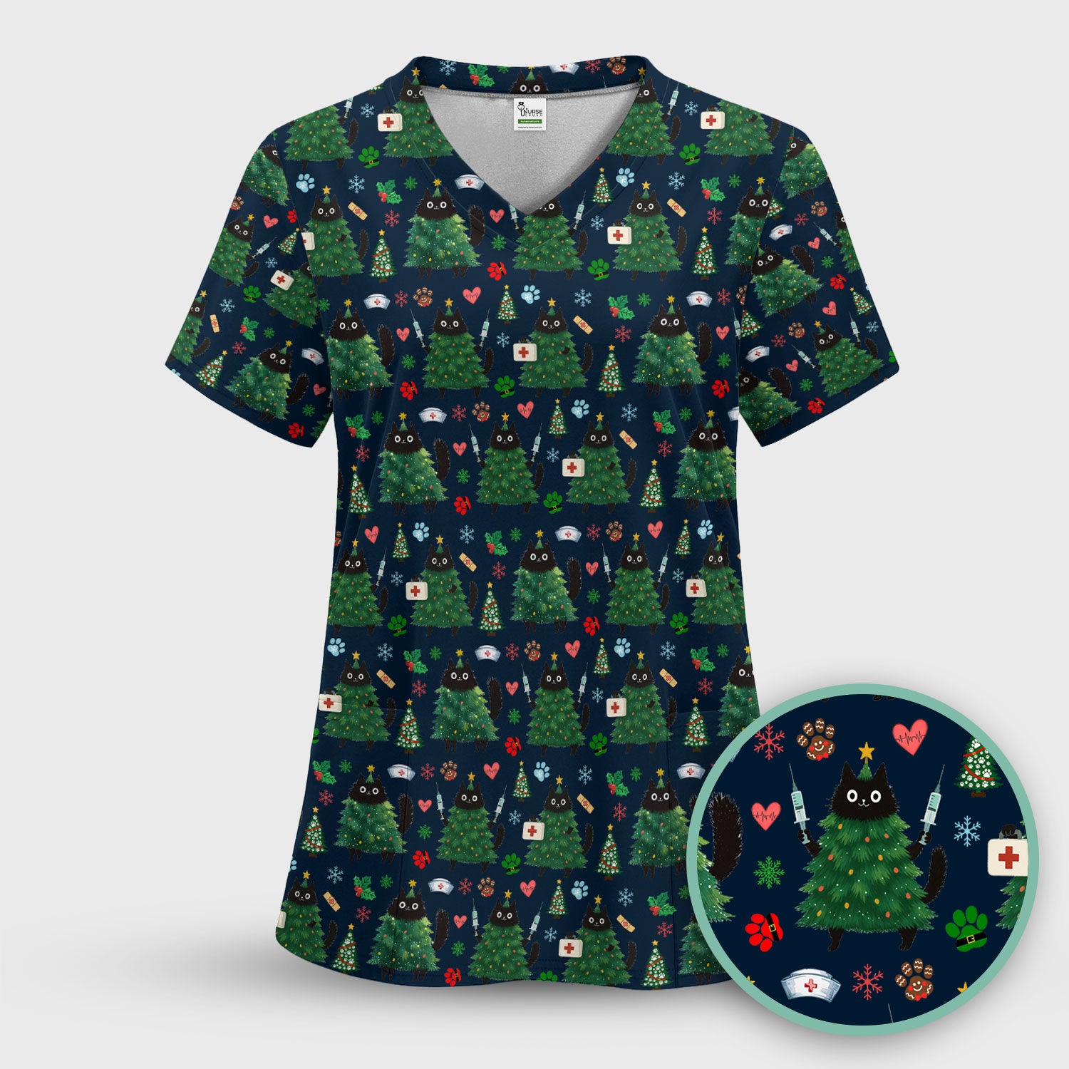 Christmas Nurse Scrub Top, Xmas Black Cat Pattern Nurse Shirt,  Breathable Fabrics Nursing Uniform