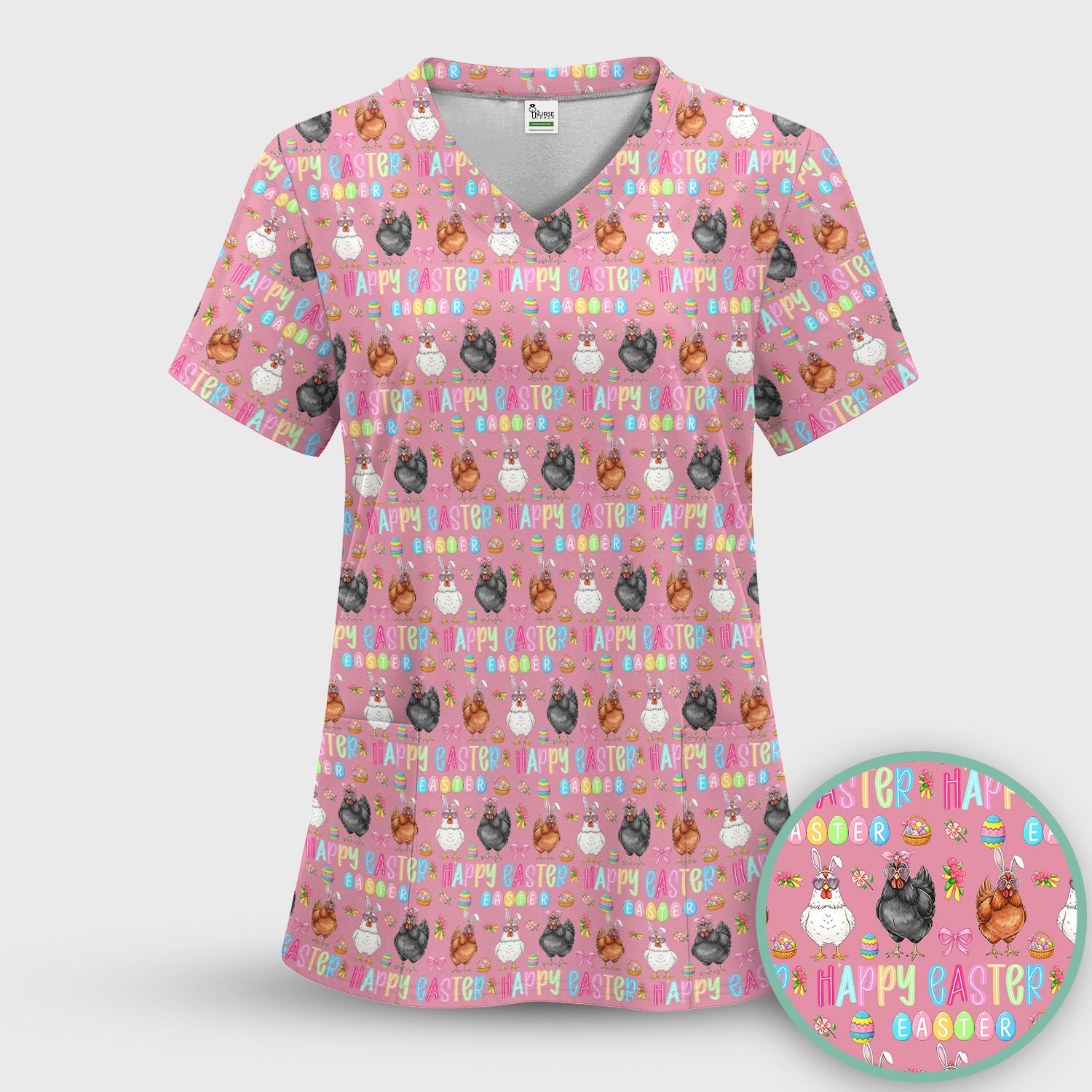 Happy Easter Bunny Eggs Pattern Scrubs Top, Comfortable Scrubs for Nurses