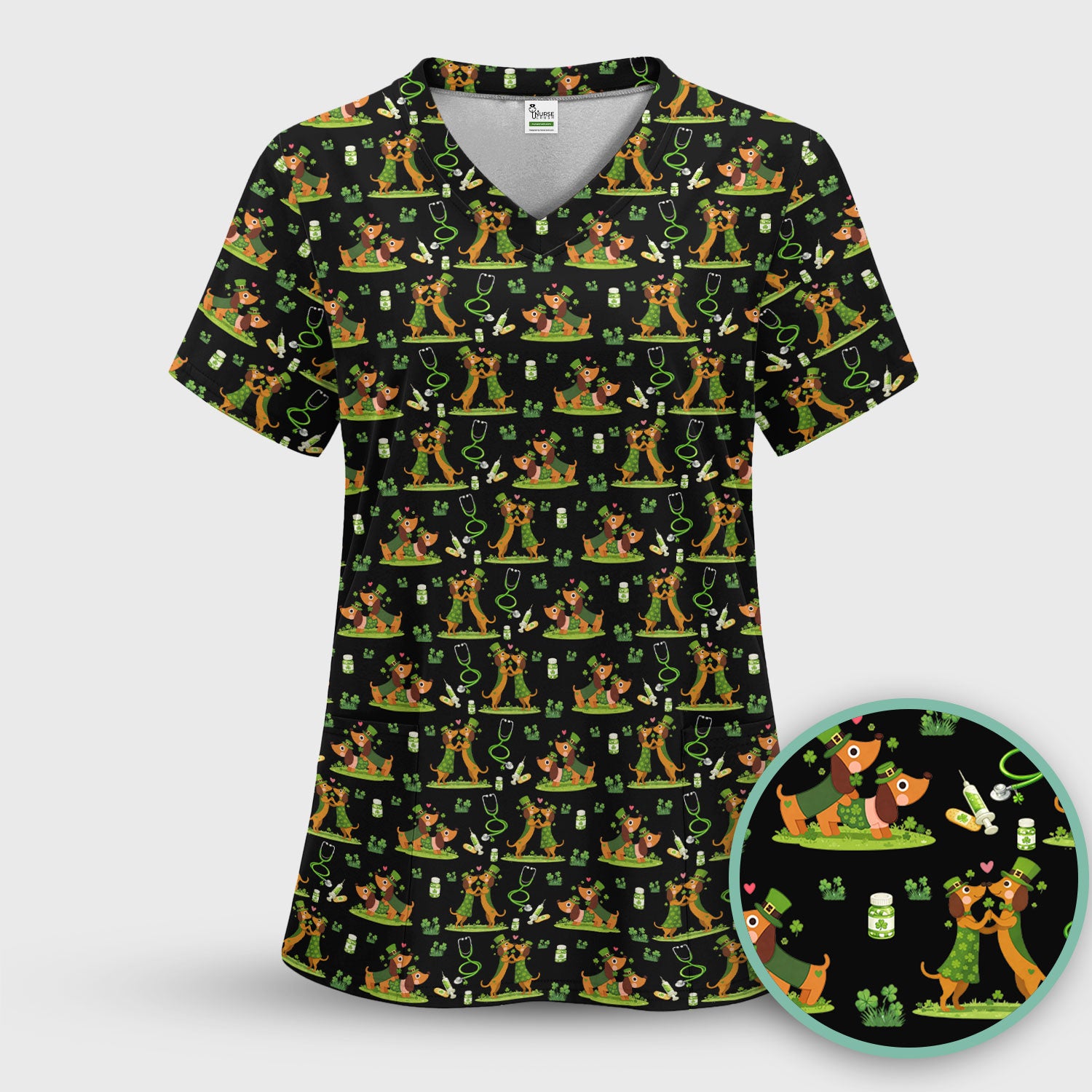 Valentine Cute Dachshund Nurse Shirt, Dog Heart Pattern, Comfortable Scrubs for Nurses