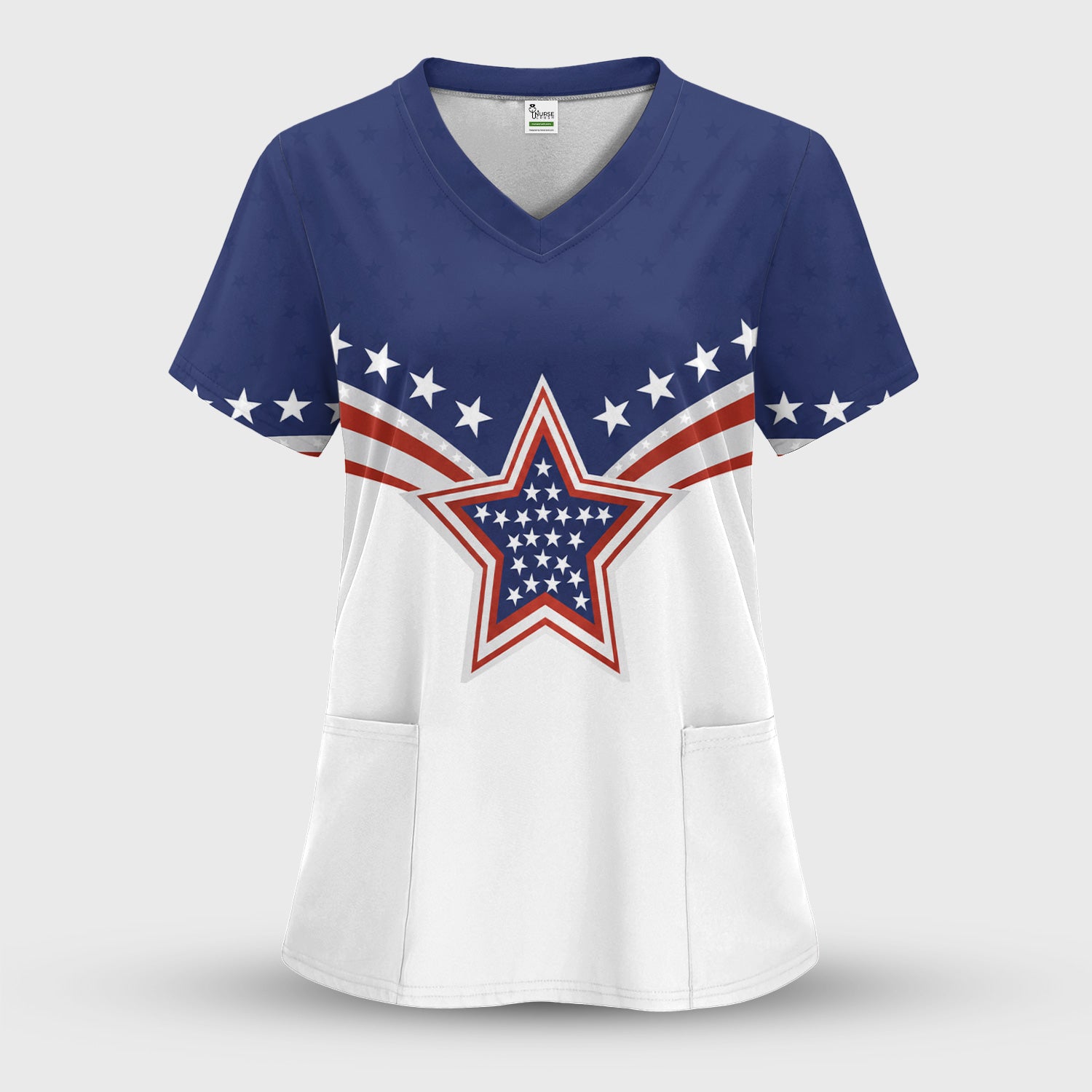 Patriotic American Flag Star Pattern Scrub Top, Comfortable Scrubs for Nurses