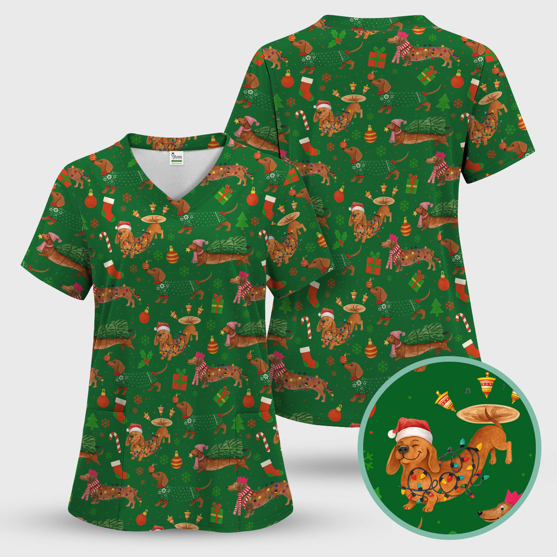 Dachshund Christmas Scrub Shirt - Multi Color Dog Print Scrubs - Funny Holiday Scrubs Gift for Women Men, Nurse, CNA, RN