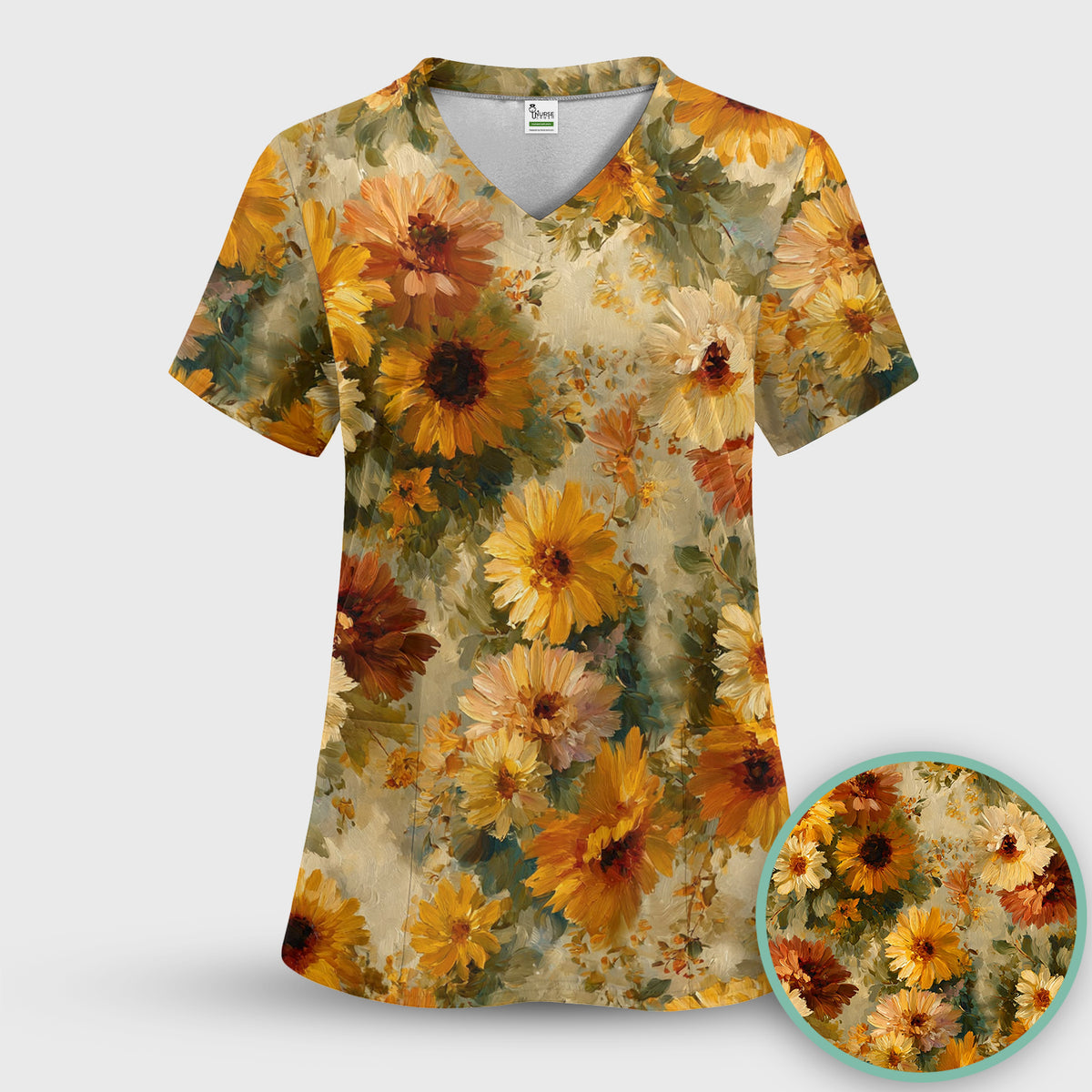 Vintage Sunflower Oil Painting Scrub Set, Scrub Pants and V Neck Top