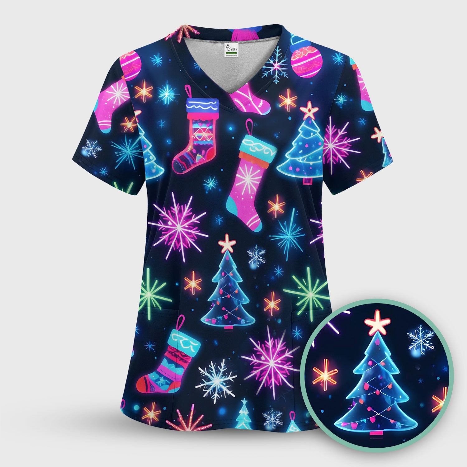 Xmas Neon Pattern Scrub Top, Christmas Scrub Shirt, Breathable Fabrics Nursing Uniform