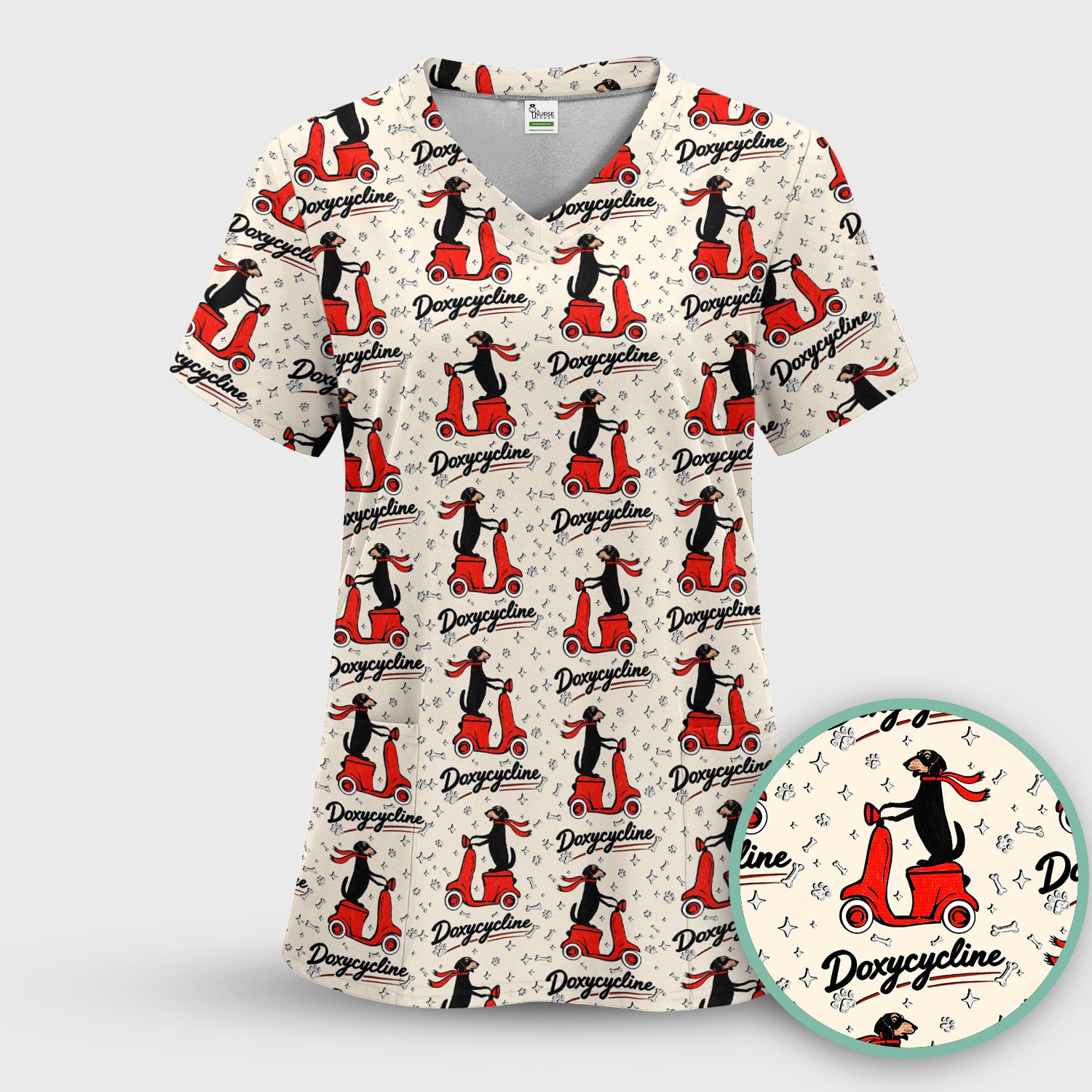 Funny Dachshund Riding Scooter Doxycycline Print Scrub Top ,Comfortable Scrubs for Nurses