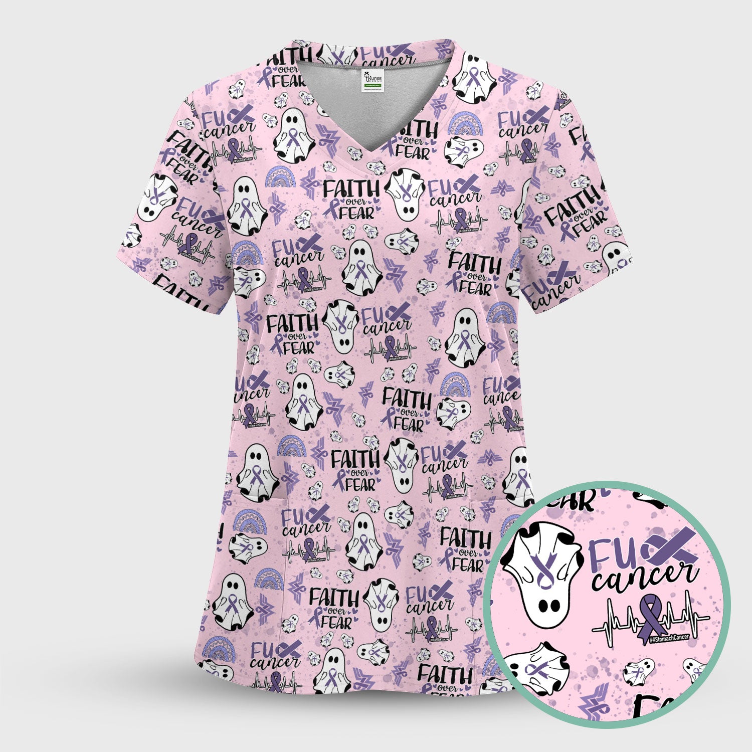 Stomach Cancer Awareness Scrub Sets - Periwinkle Blue Ribbon Survivor Scrub Pants and V Neck Top - November Warrior Gift