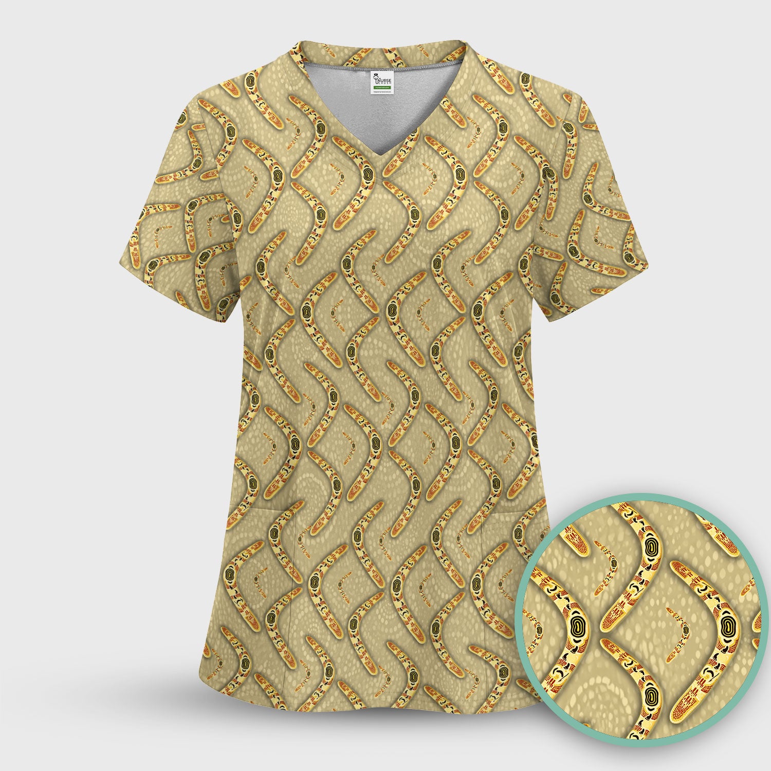 Aboriginal Boomerang Pattern Nurse Scrub Top, Breathable Fabrics Nursing Uniform
