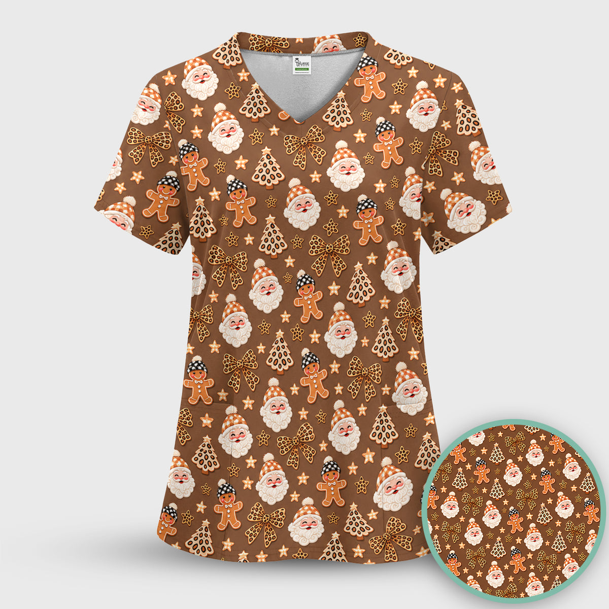 Funny Christmas Cat Baking Biscuits Pattern Scrub Set, Scrub Pants and V Neck Top