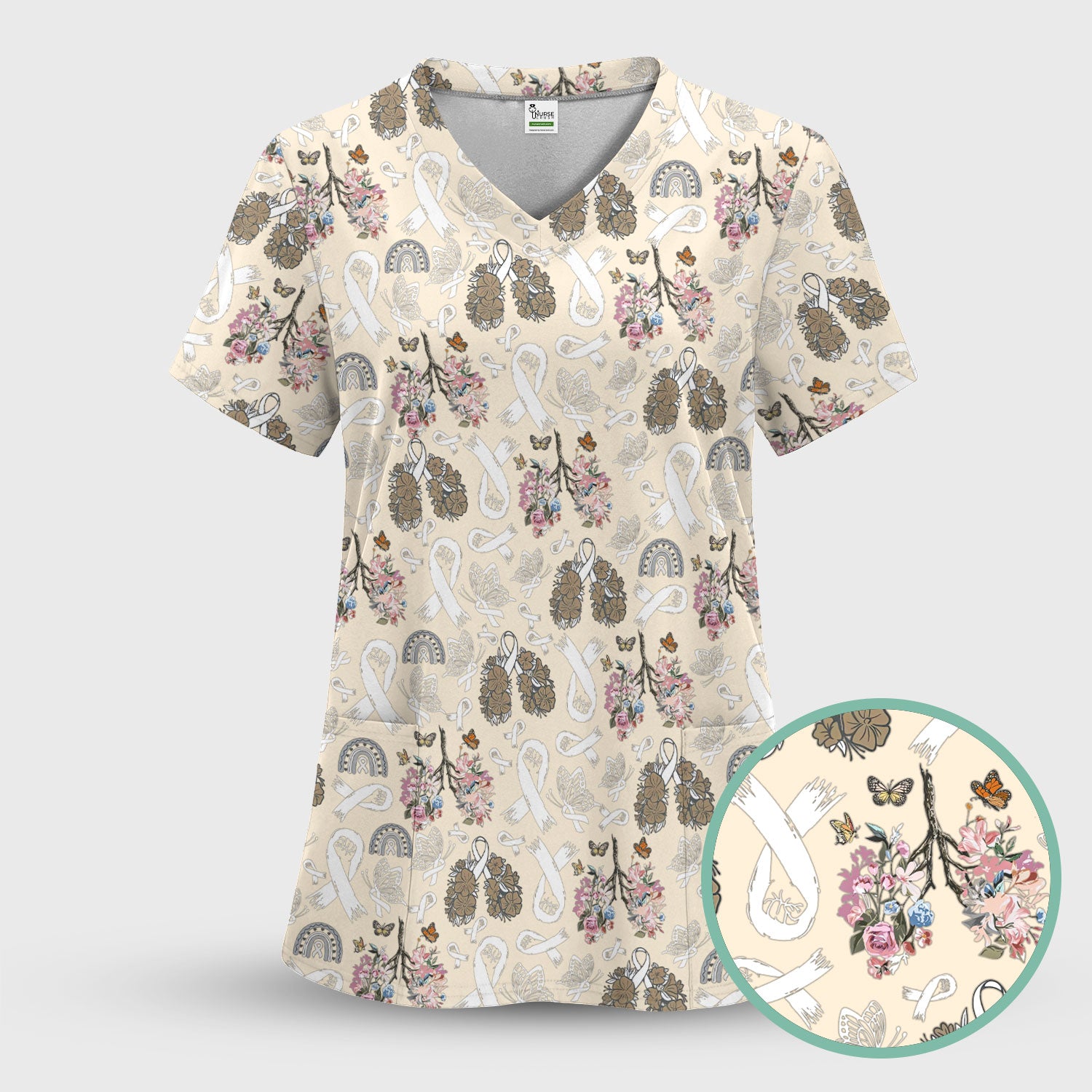 Lung Cancer Awareness Scrub Top for Women - White Ribbon Butterfly Floral Medical Uniform - Comfortable Scrubs for Nurses