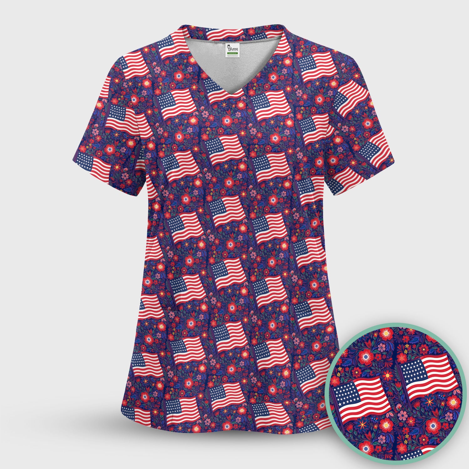 Patriotic USA Flag With Floral Fireworks Pattern Scrub Set, Scrub Pants and V Neck Top
