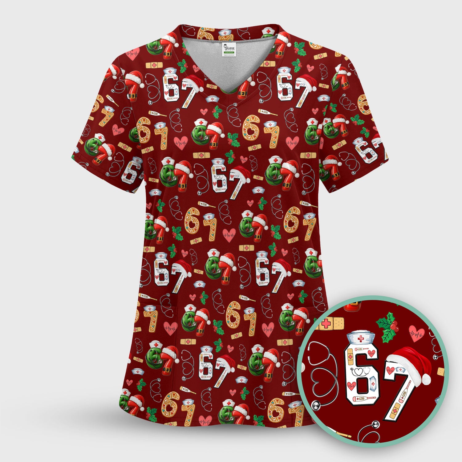Christmas Nurse 67 Pattern Scrub Top, Cute Holiday Medical Shirt With Santa Hat, Uniform For Nursing