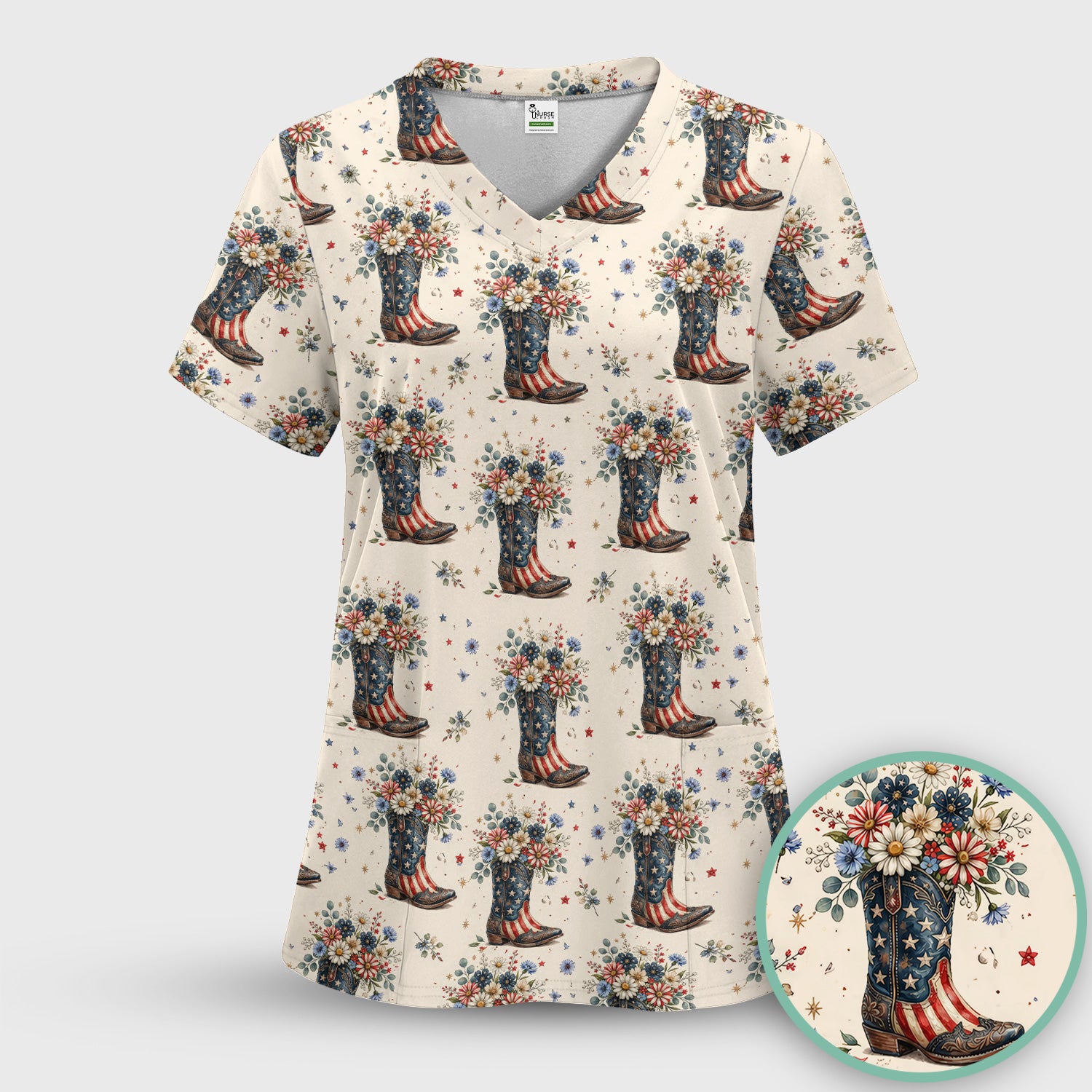 Festive Patriotic Cowboy Boots Flower Pattern Scrub Set, Scrub Pants and V Neck Top