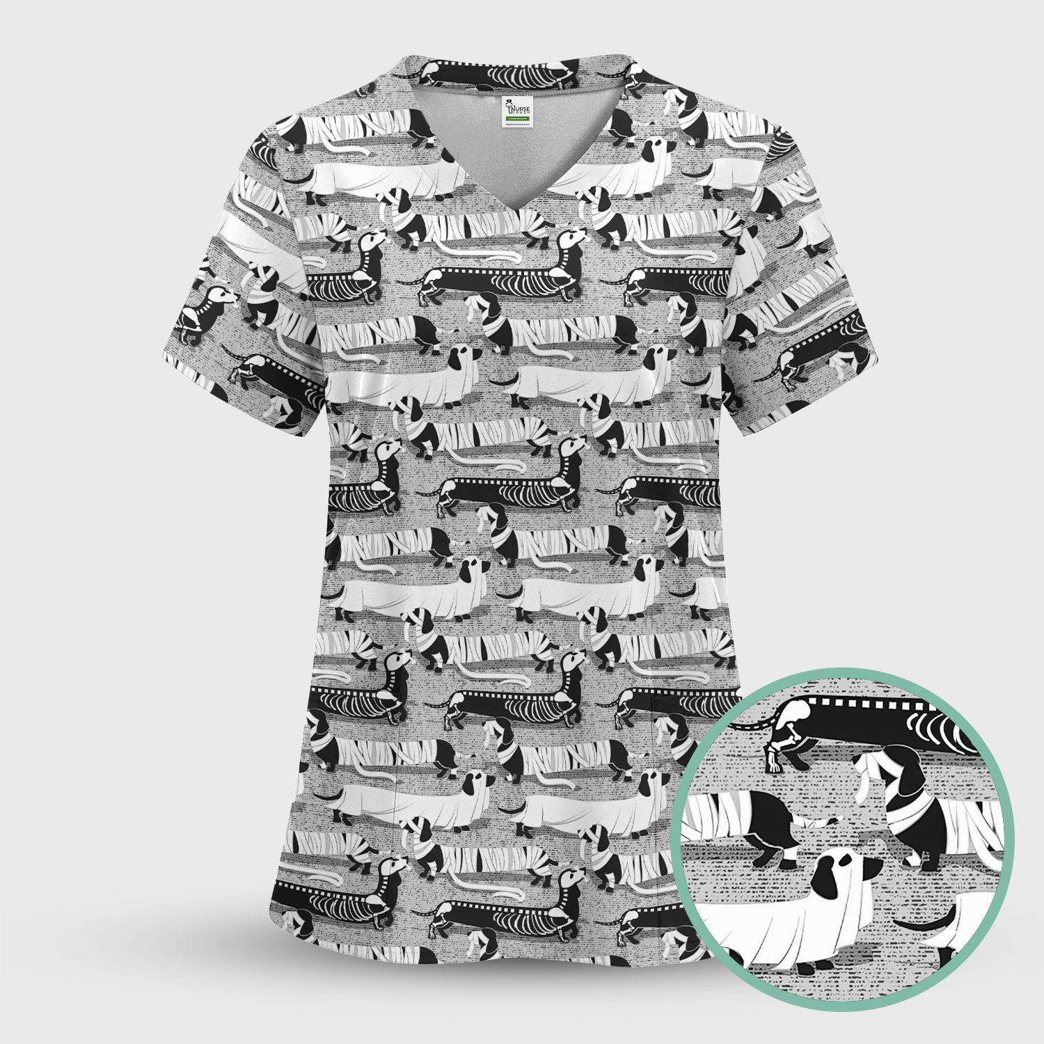 Halloween Scrub Set for Women - Spooky Dachshund Skeleton Med Uniform - Comfortable Nursing Pants - Ugly Sweater for Pet Lover