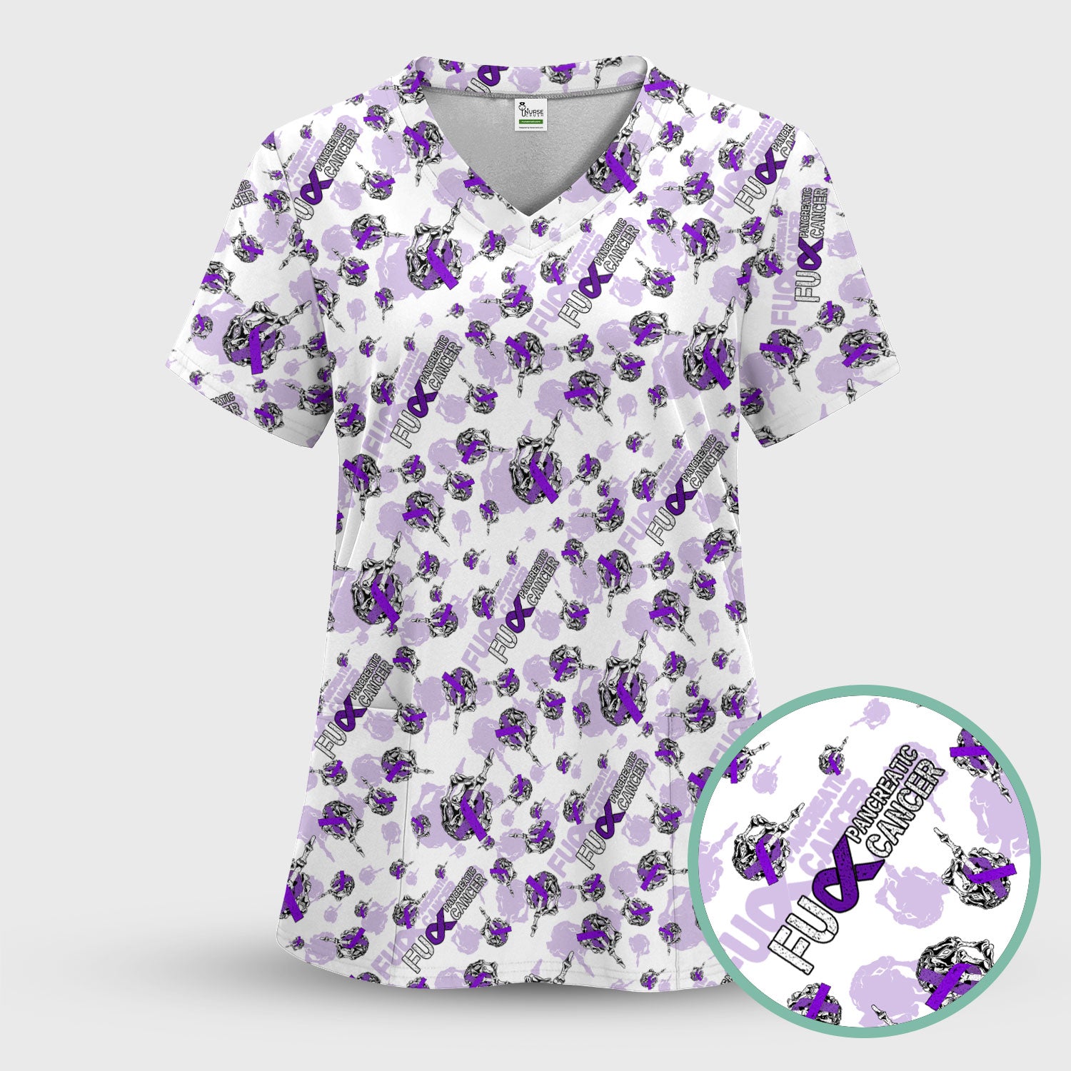 Fuck Pancreatic Cancer Scrub Top - Purple Ribbon Awareness Nurse Shirt - Bold Medical Uniform Gift for Cancer Support Fighters
