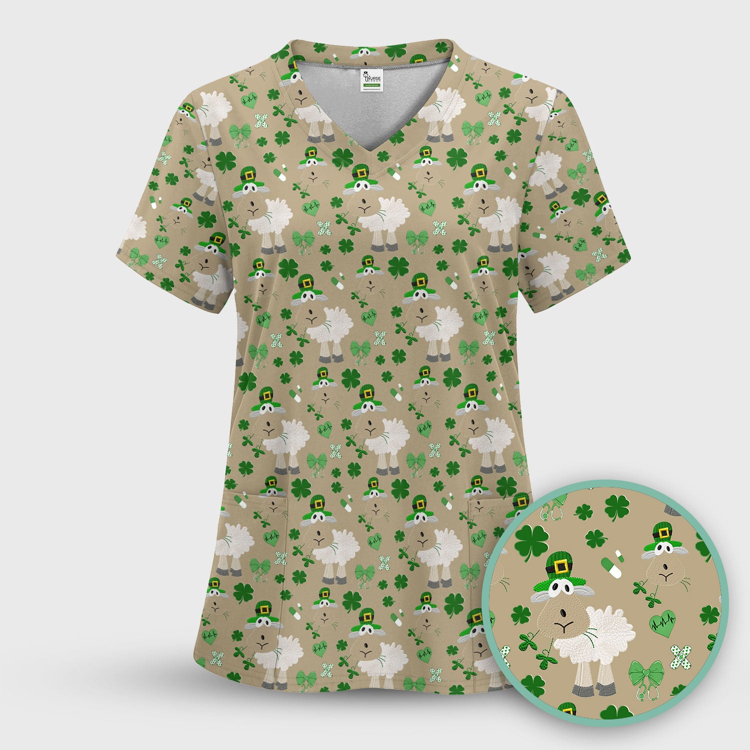 Nurse St. Patrick Scrubs Top, Cute Sheep Shamrock Pattern Nurse Shirt, Breathable Fabrics Nursing Uniform