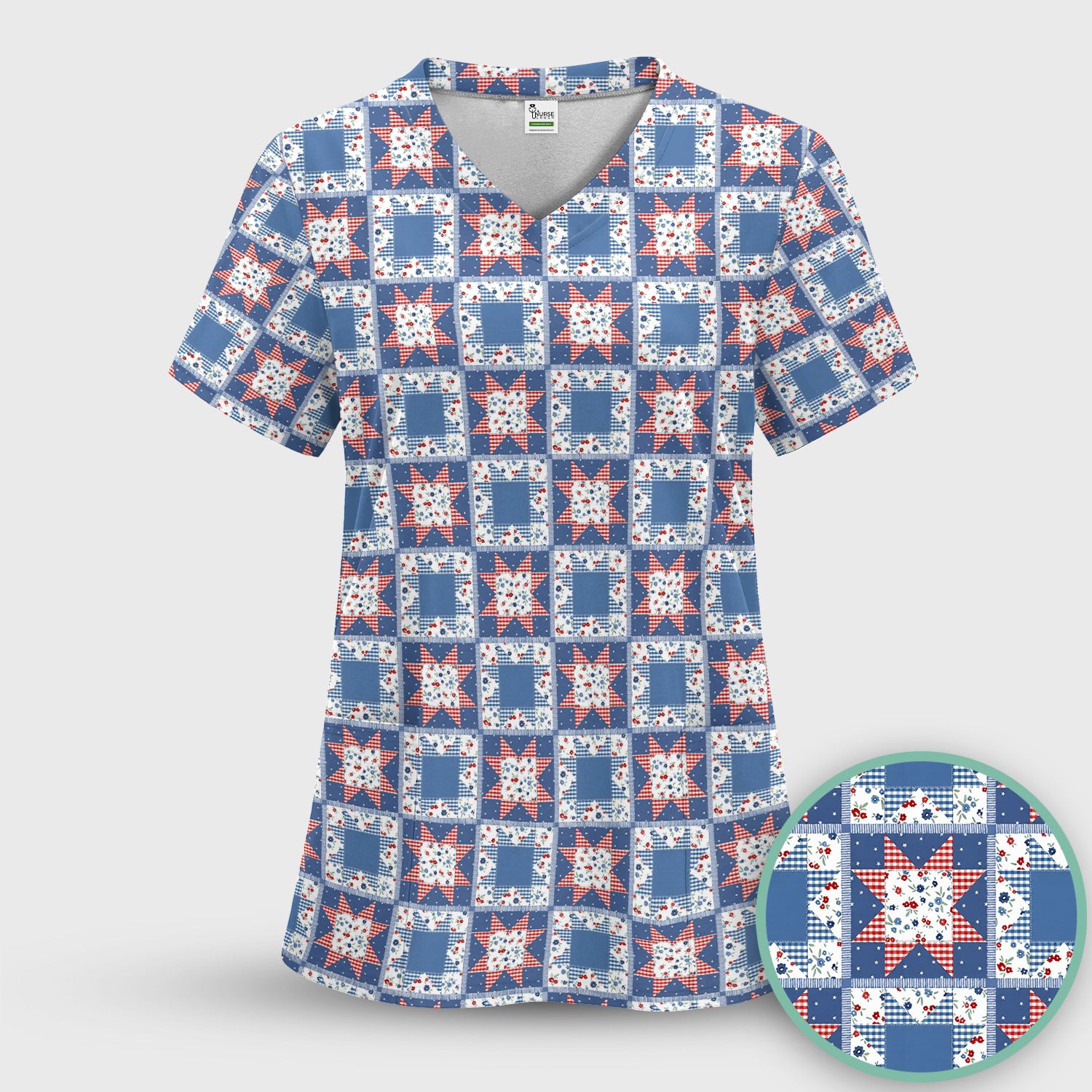 Vintage Patchwork Star Quilt Pattern Scrub Set, Scrub Pants and V Neck Top