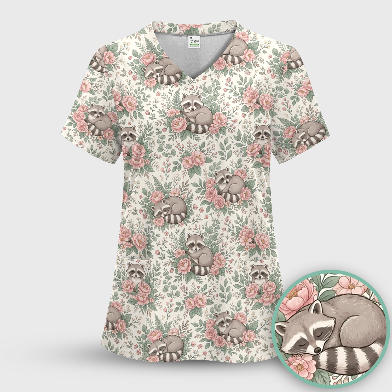 Sleeping Raccoon Rose Garden Pattern Scrub Set, Scrub Pants and V Neck Top