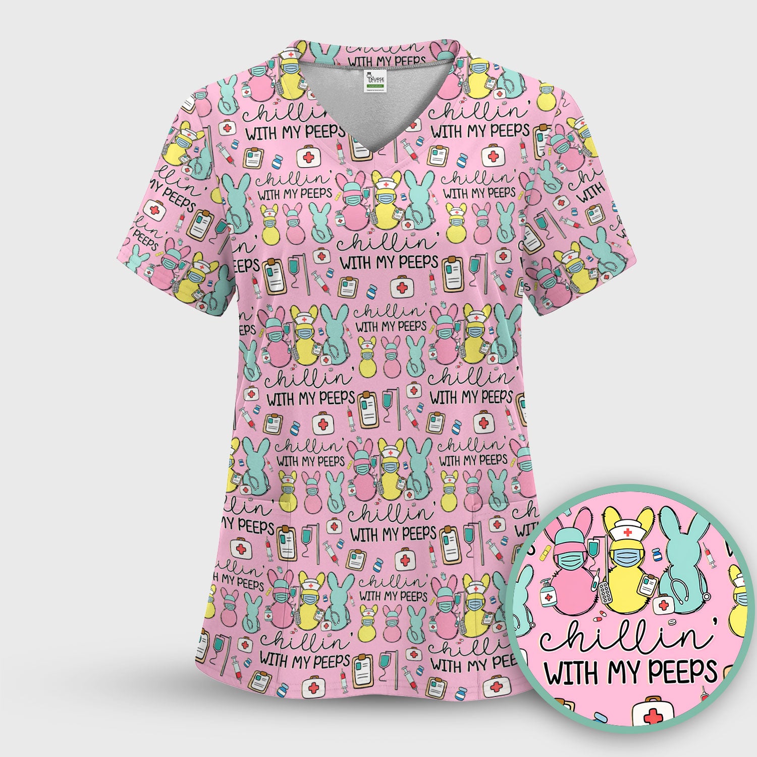 Cute Bunny Nurse Chillin With My Peeps Scrub Top, Comfortable Scrubs for Nurses, Easter