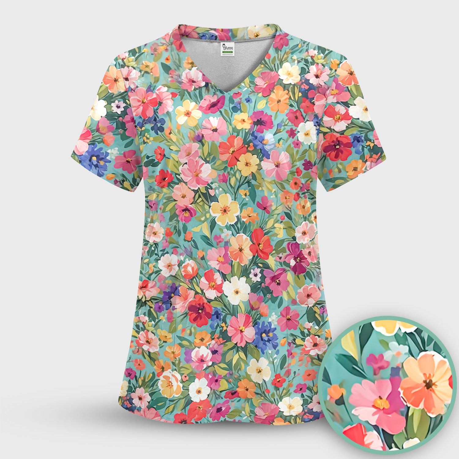 Colorful Wildflower Garden Bloom Scrub Top, Comfortable Scrubs for Nurses