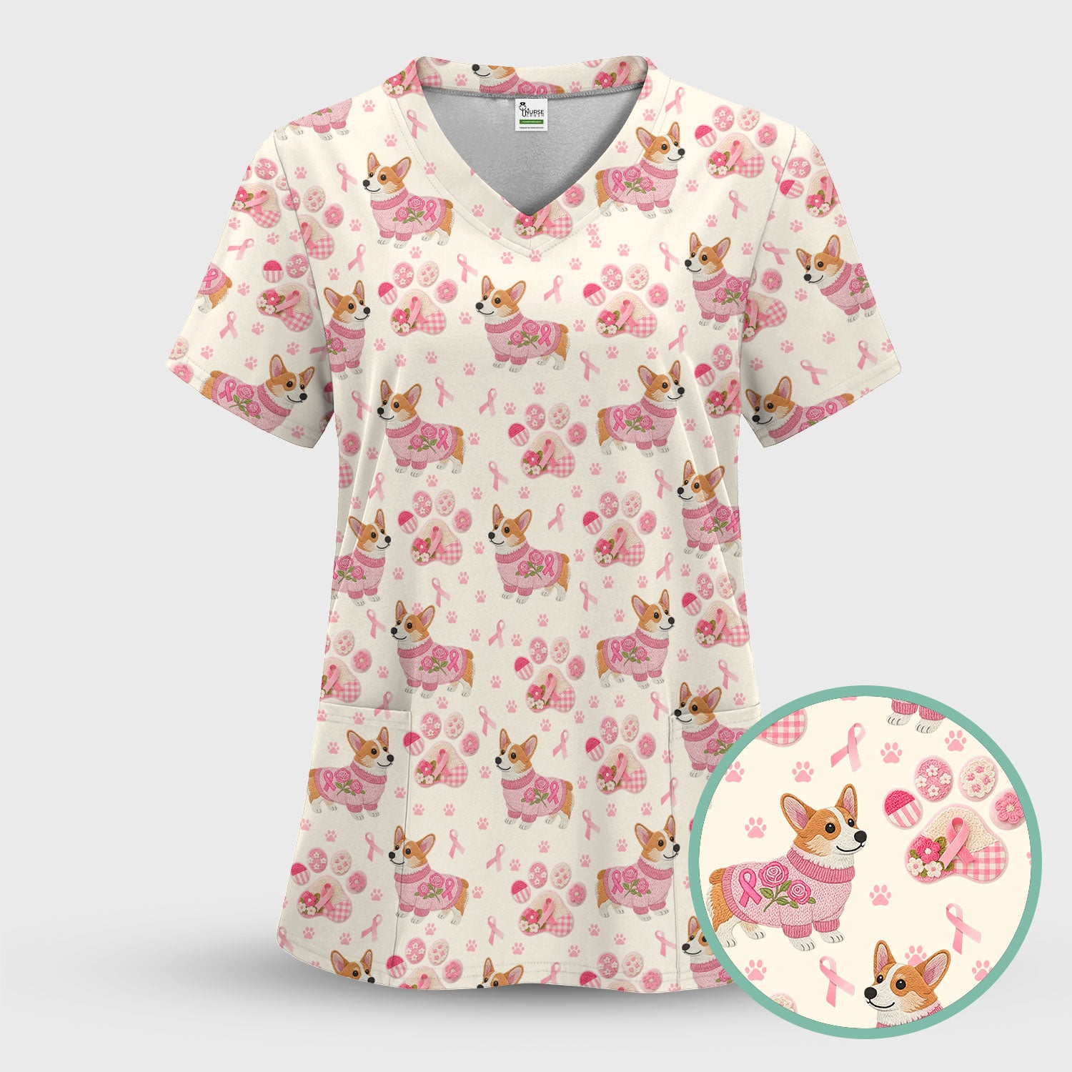 Floral Corgi Scrub Top for Women - Cute Dog Paw Print with Pink Ribbon Shirt - Breast Cancer Awareness October Gift