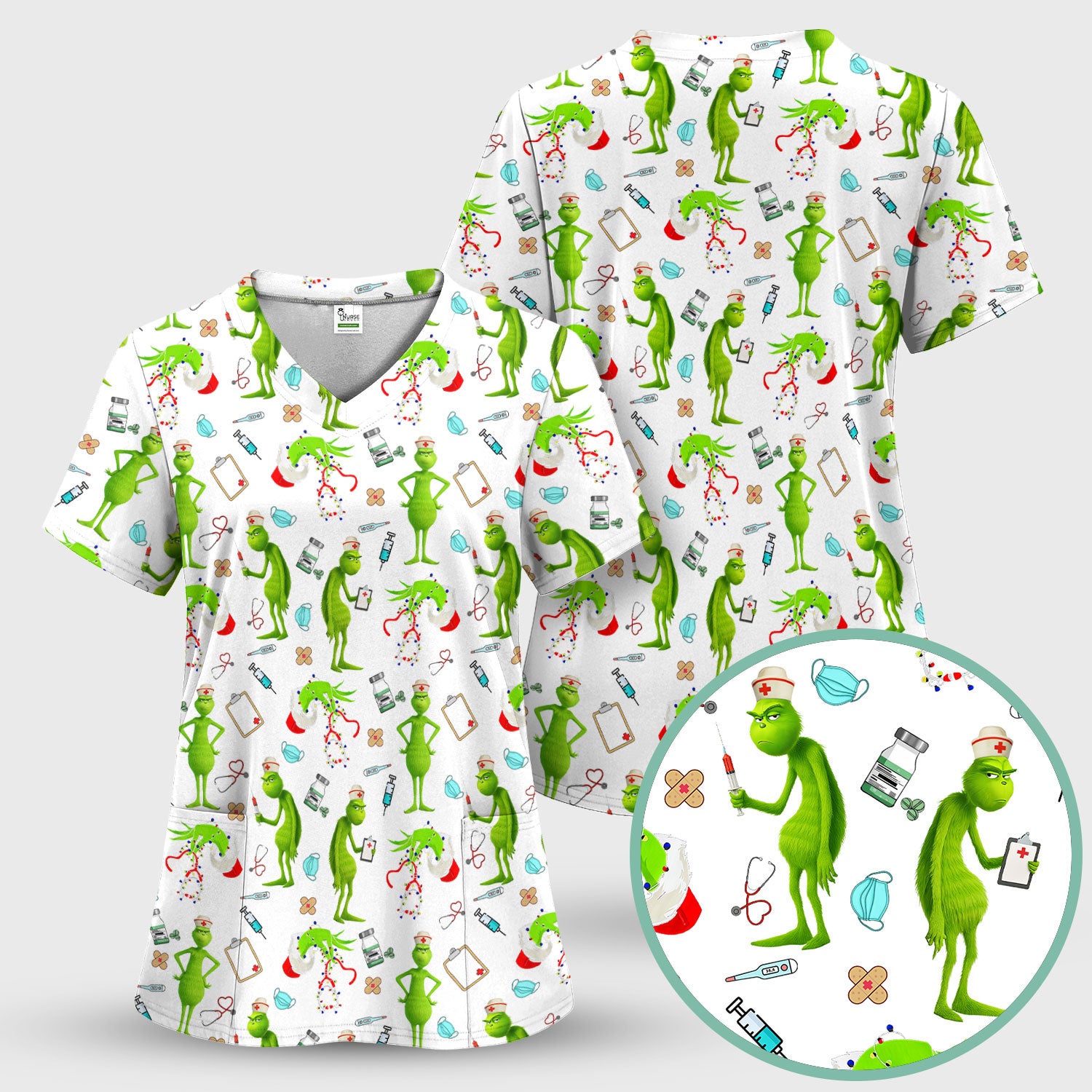 Custom Grinch Nurse Scrub Top - Funny Christmas Scrub Shirt Multi Color - Cute Holiday Nursing Workwear with Pockets