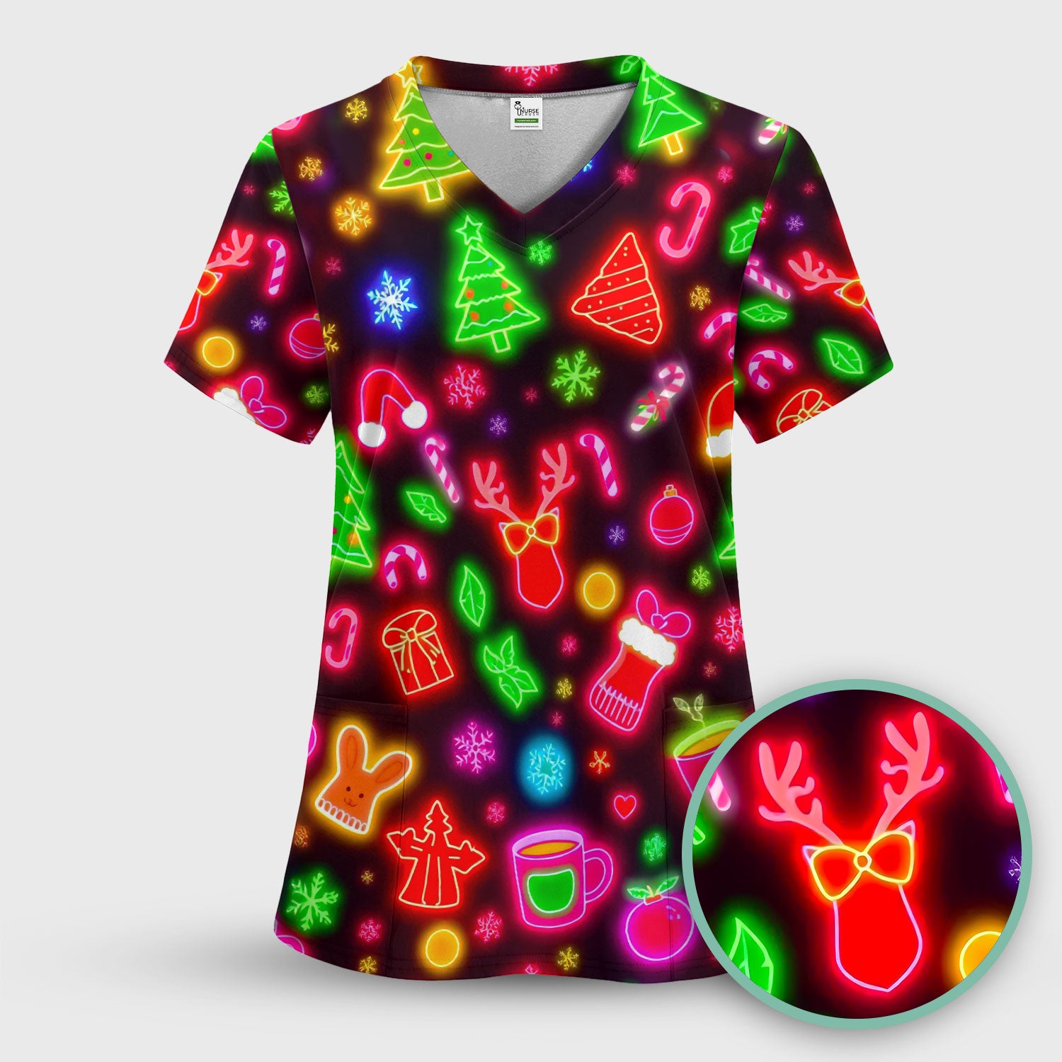 Reindeer Neon Xmas Scrub Top, Christmas Pattern Scrub Shirt,  Breathable Fabrics Nursing Uniform