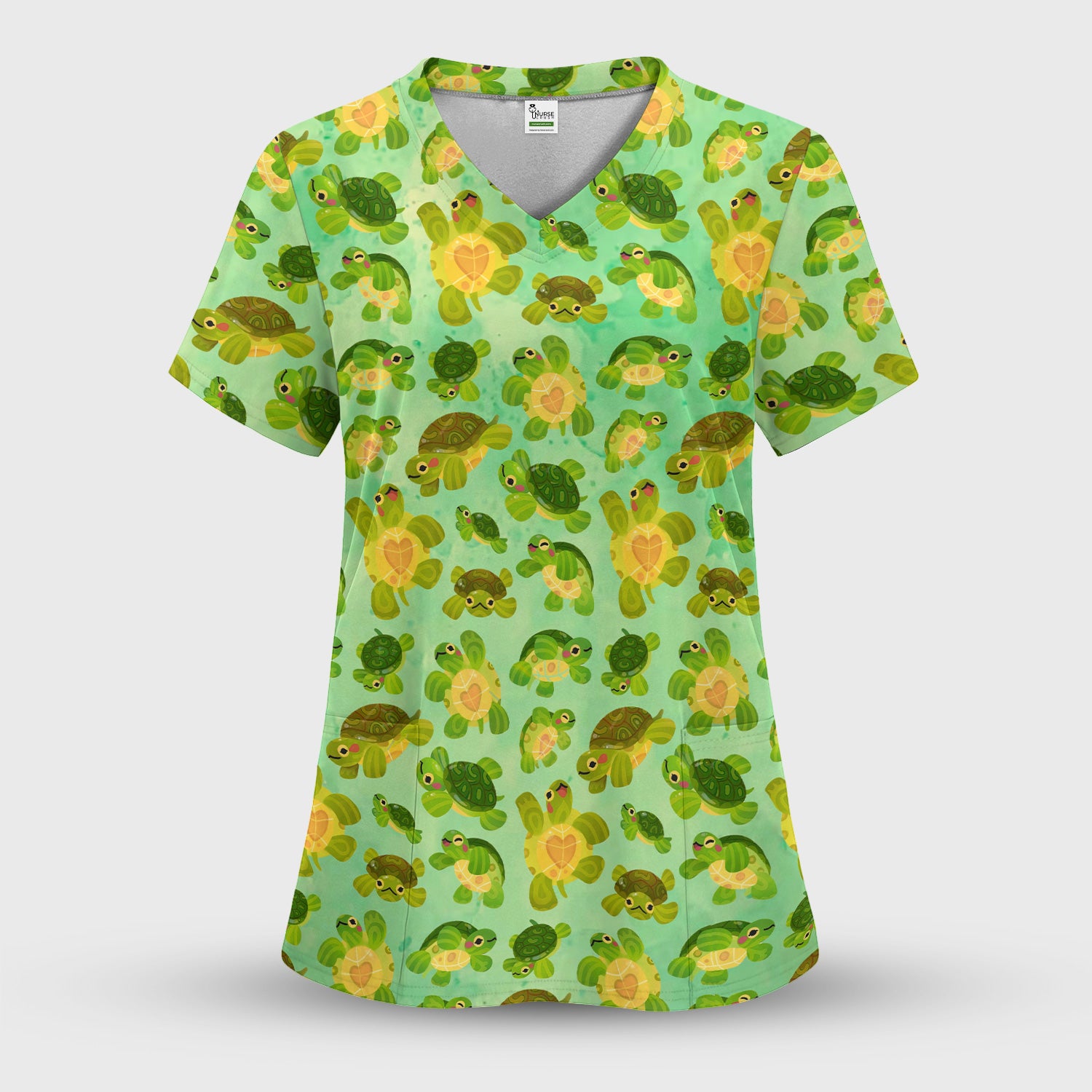 Cute Green Sea Turtle Pattern Scrubs Top, Breathable Fabrics Nursing Uniform