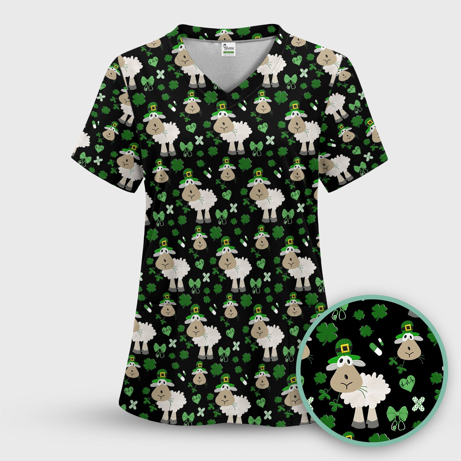 Nurse St. Patrick Scrubs Top, Cute Sheep Shamrock Pattern Nurse Shirt, Breathable Fabrics Nursing Uniform