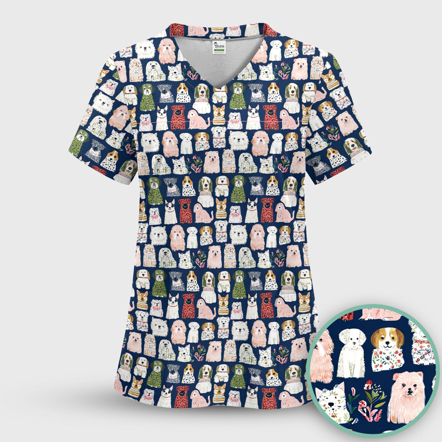 Cute Cartoon Dog Breeds Pattern Scrub Top, Comfortable Scrubs for Nurses