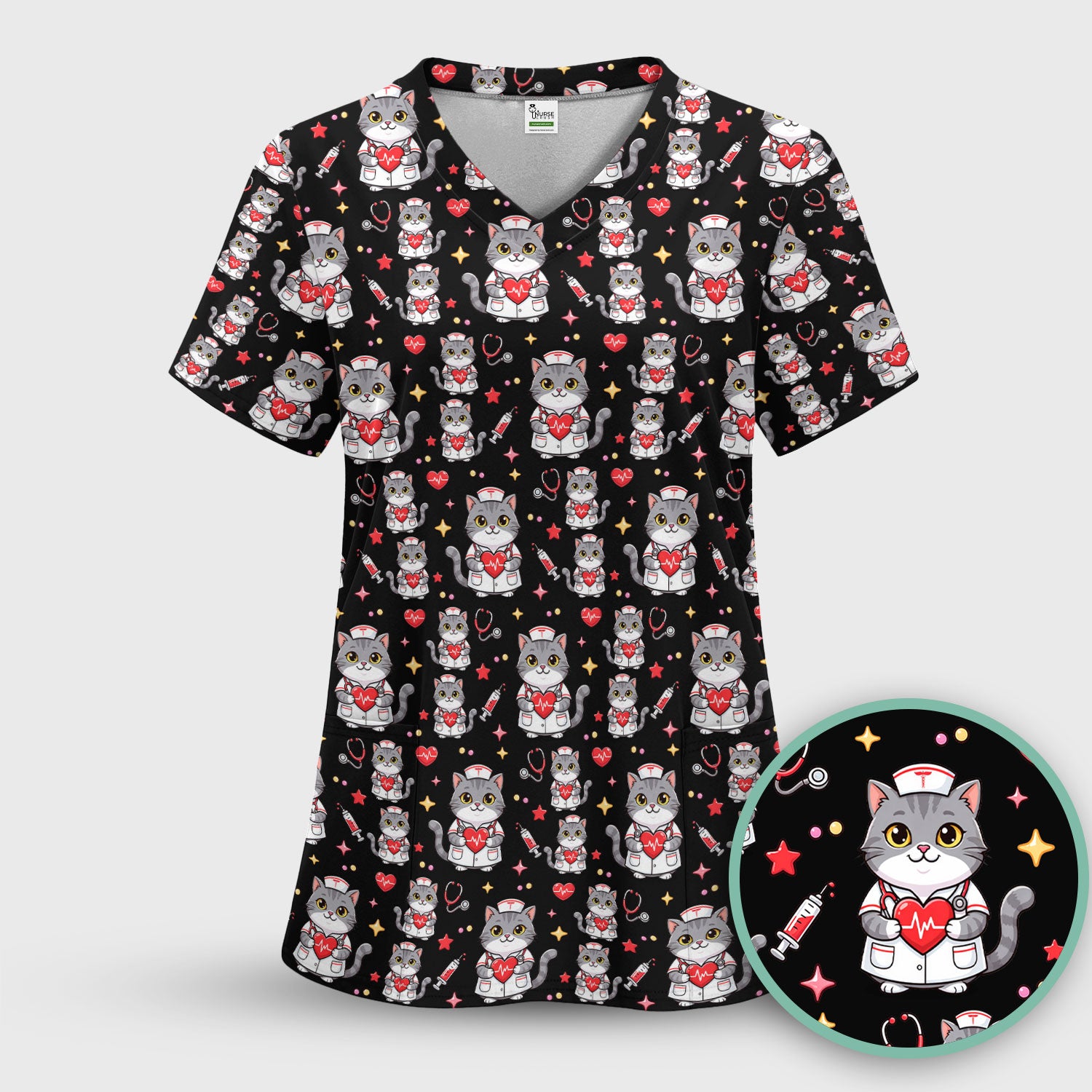 Cute Nurse Cat Heart Medical Print Scrub Top, Comfortable Scrubs for Nurses