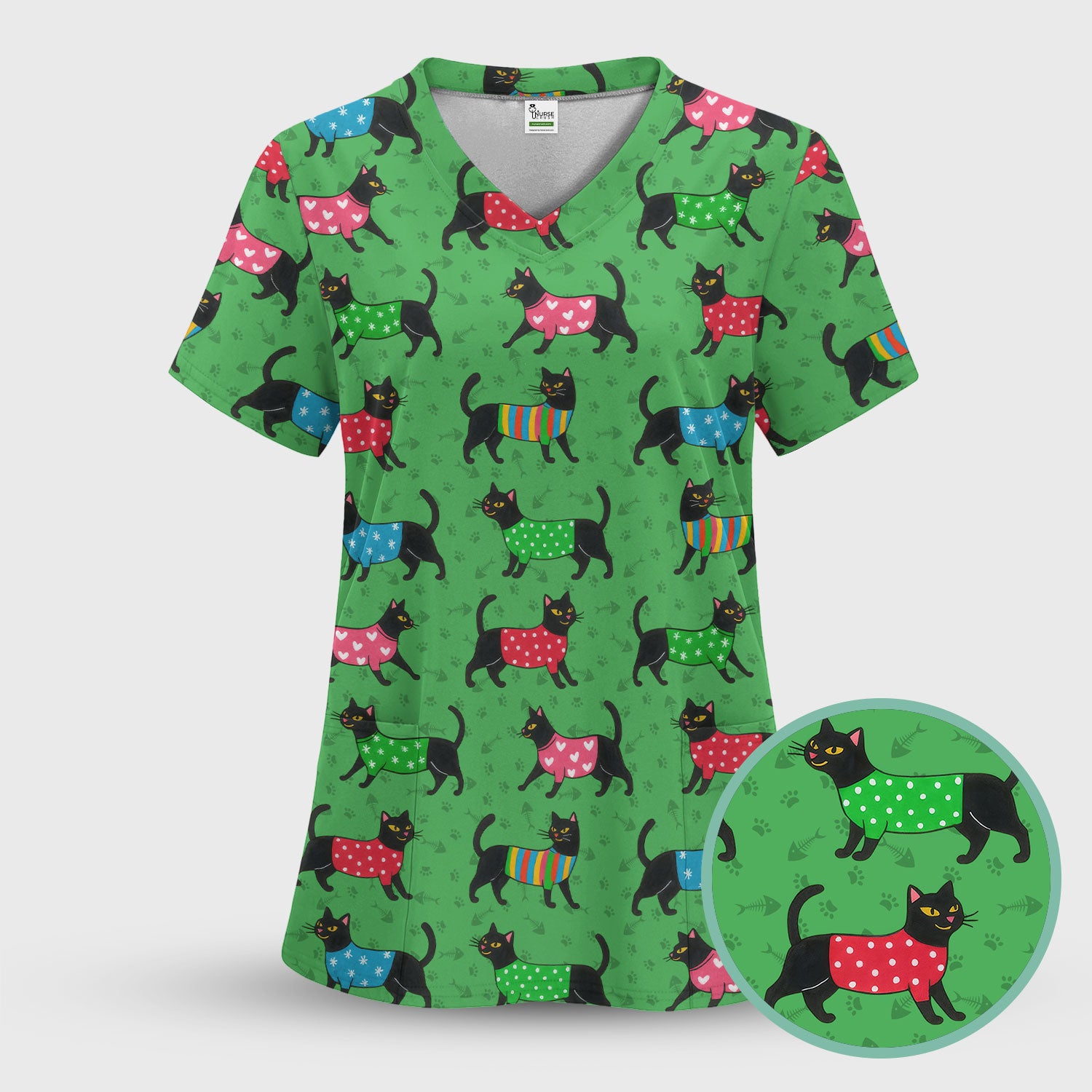 Cute Cat Scrub Top - Black Kitty Print Nurse Shirt - Fun Animal Medical Scrubs Gift for Women CNA RN Doctor