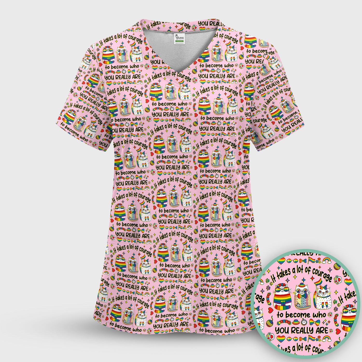 Inspirational Nurse Rainbow Cat Courage Quote Pattern Scrub Top, Breathable Fabrics Nursing Uniform