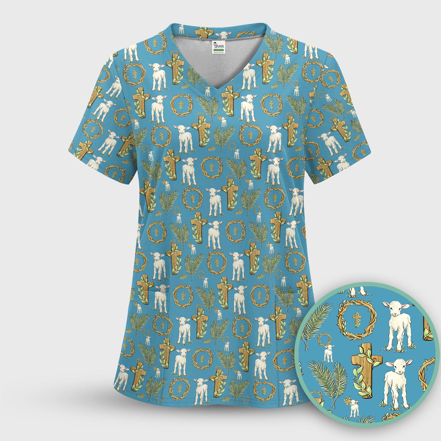 Faith Lamb Cross Pattern Scrub Top, Comfortable Scrubs for Nurses