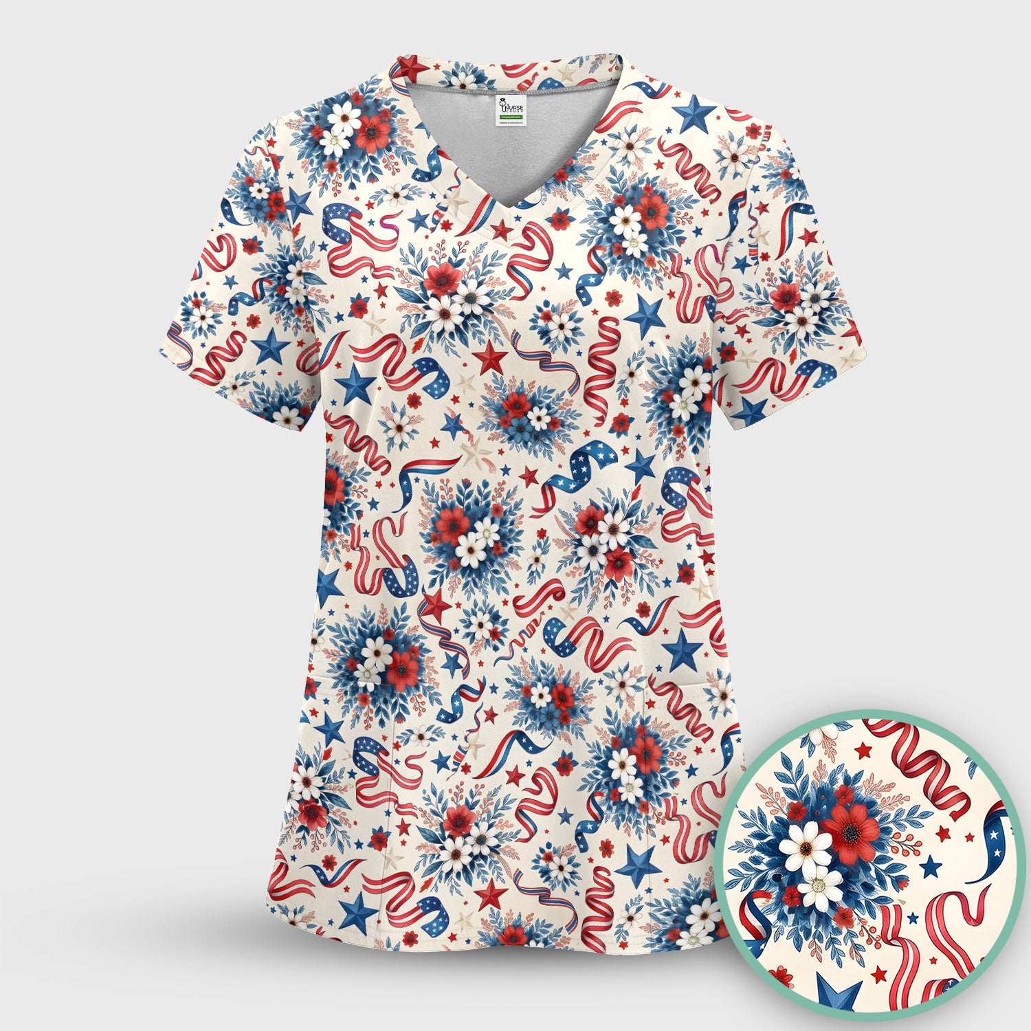 Patriotic Floral Ribbon Nurse for RN & CNA, Americana Healthcare Workers Uniform Scrub Top, Comfortable Scrubs for Nurses