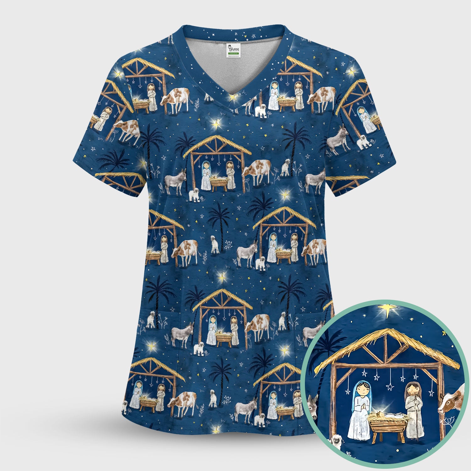 Christmas Nativity Scrub Top for Women - Holy Night Manger Scene - Religious Holiday Nursing Uniform Shirt