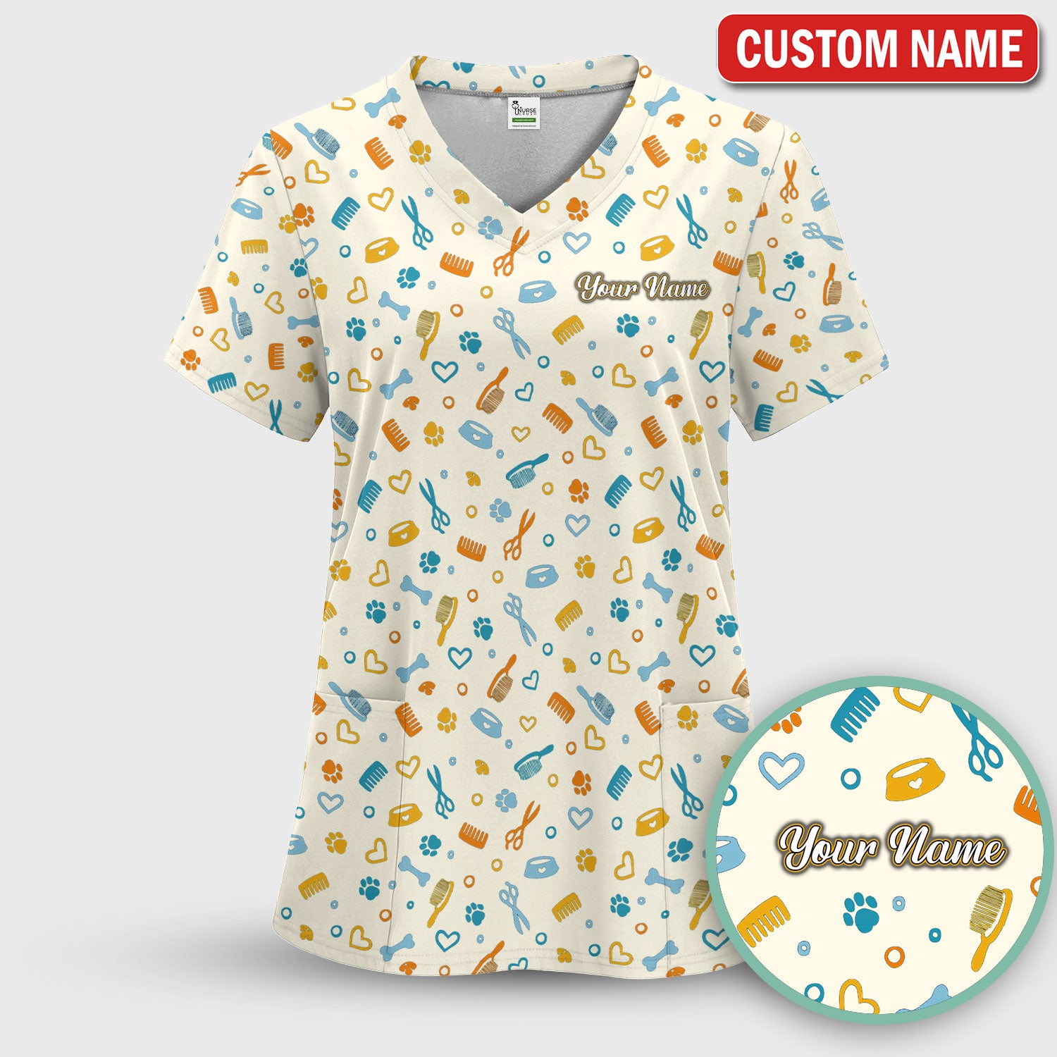 Custom Name Dog Cat Grooming Pattern Scrub Top, Breathable Fabrics Nursing Uniform