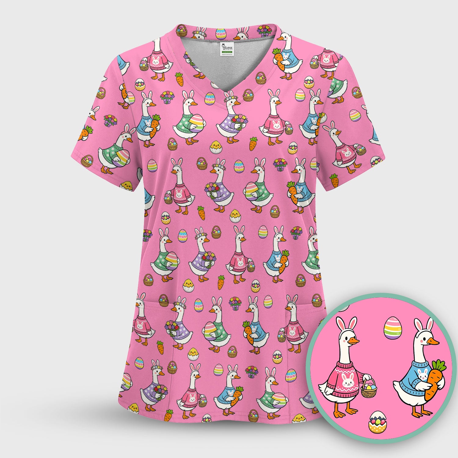 Cute Easter Goose Pattern Scrub Top, Breathable Fabrics Nursing Uniform