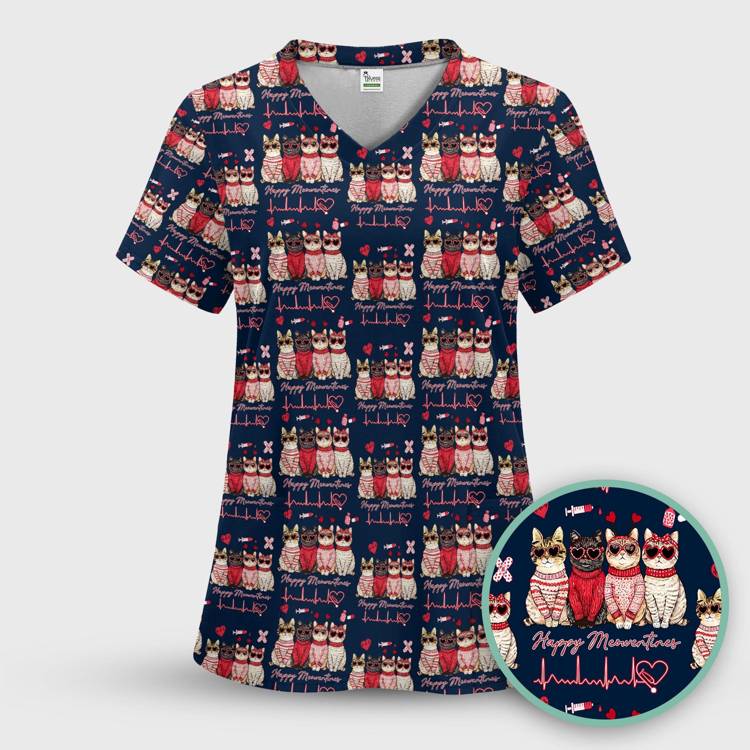 Happy Meowtines Cat Pattern Scrub Top, Valentine Cat Lover Nurse Scrub Shirt, Heartbeat Medical Pattern Nursing Uniform