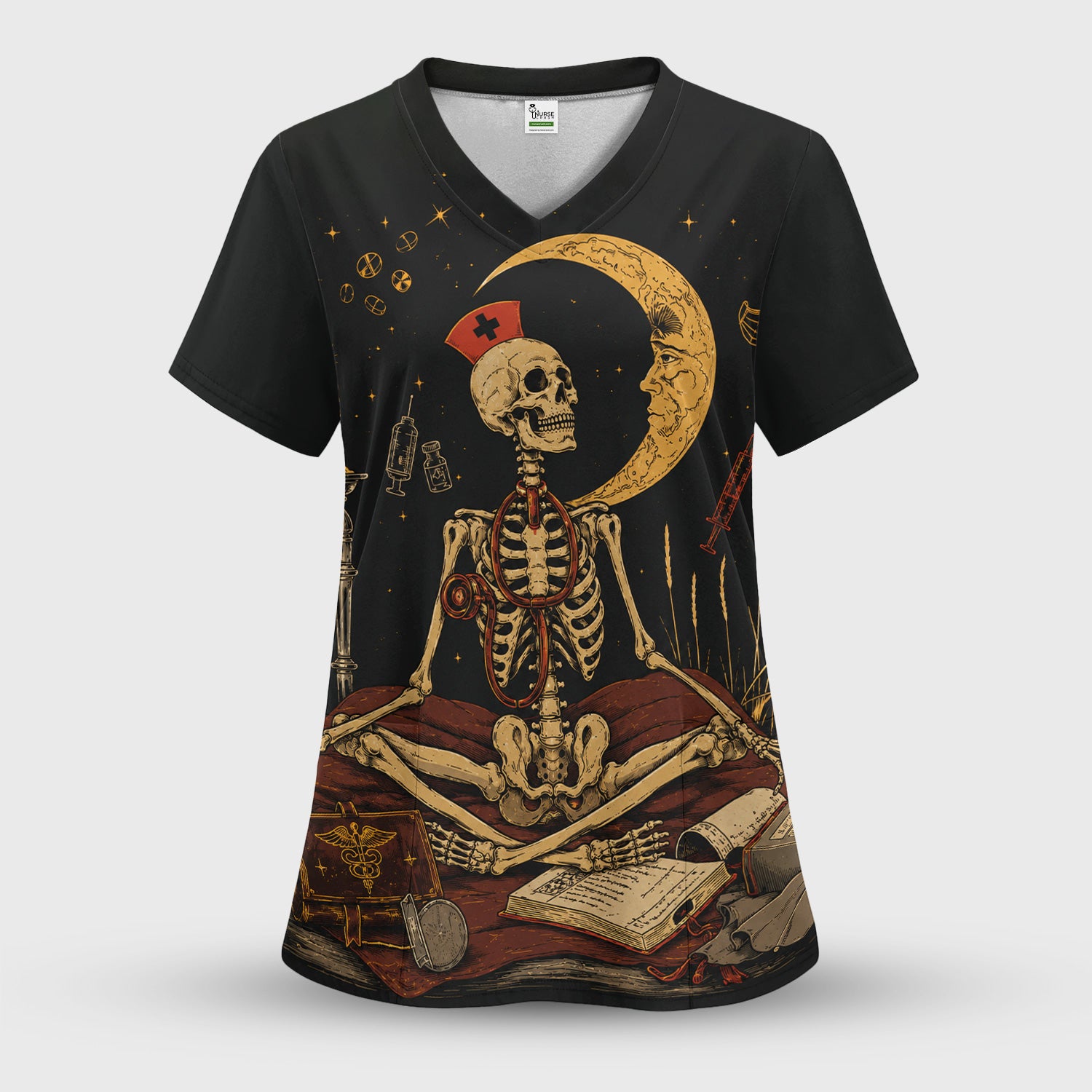 Breast Cancer Skeleton Nurse Scrub Set, Scrub Pants and V Neck Top