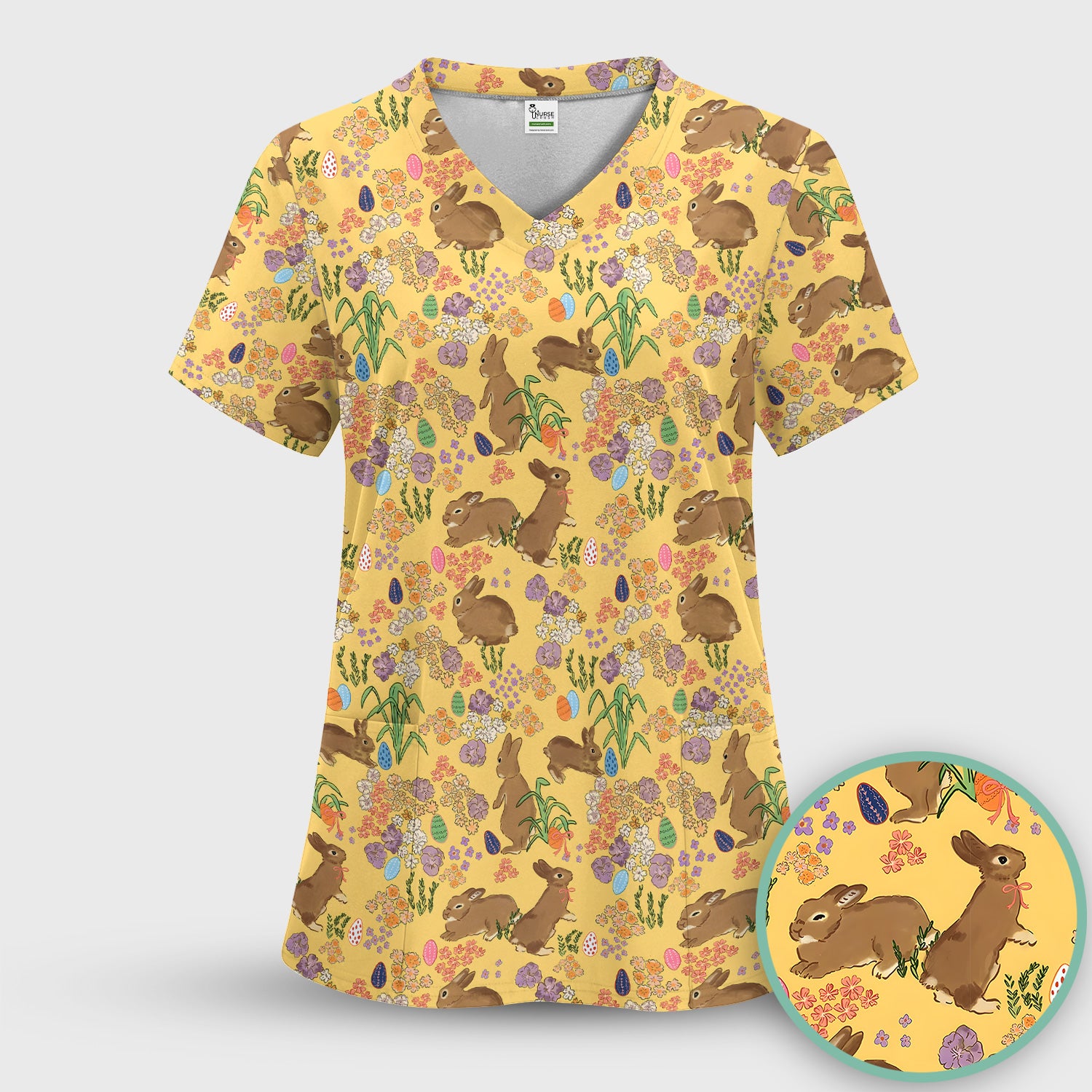 Cute Easter Bunny Pattern Scrub Top, Comfortable Scrubs for Nurses