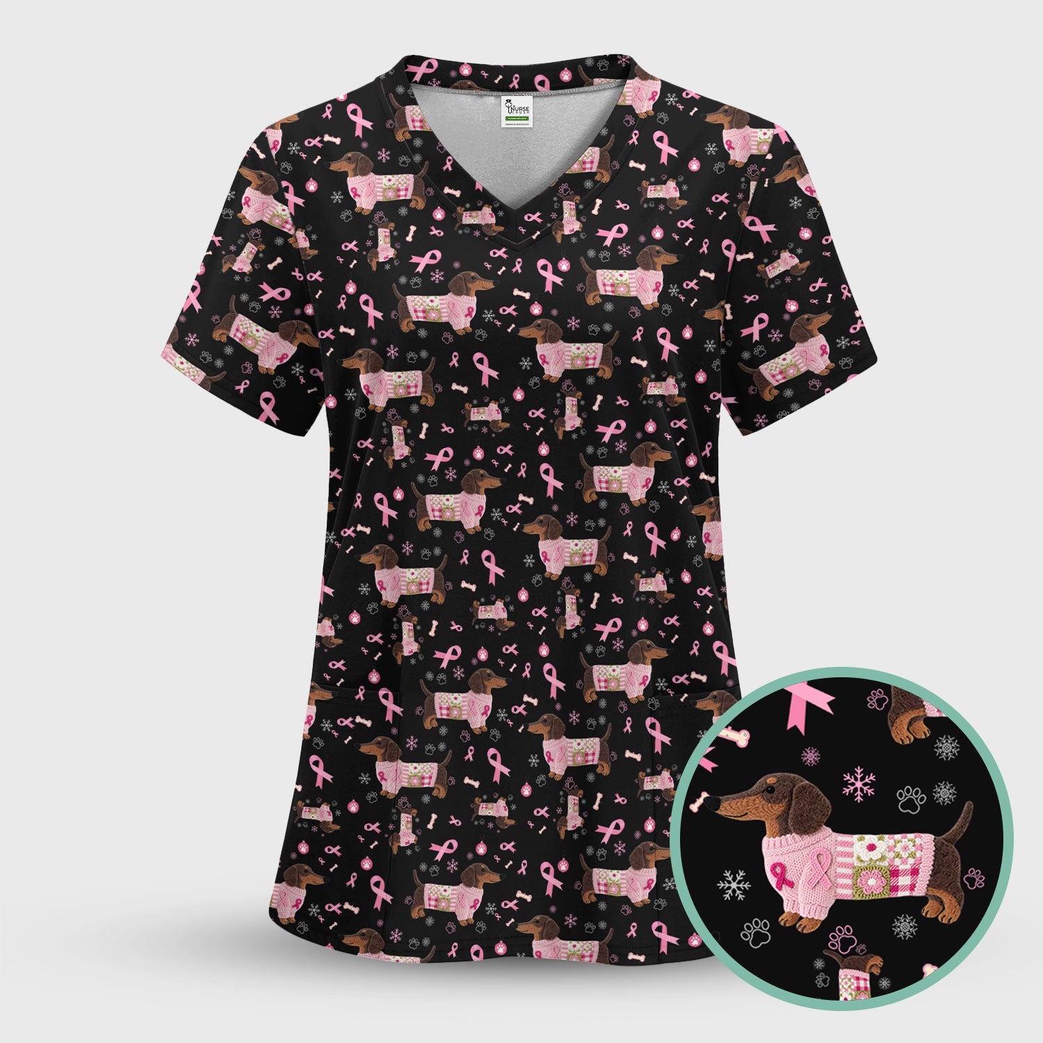 Dachshund Breast Cancer Awareness Scrub - Puppy Dog Pink Ribbon Nurse Shirt - Wiener Support Fight Cancer Gift