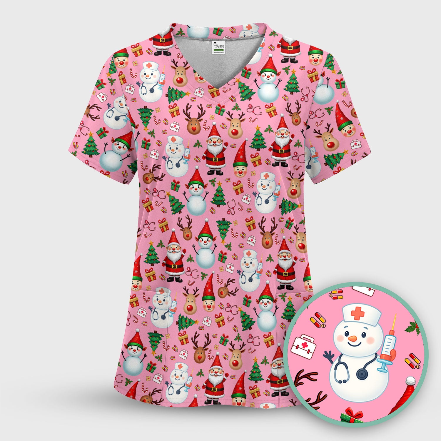 Christmas Nurse Scrub Top - Cute Snowman Santa Reindeer Pattern Medical Shirt - Festive Holiday Scrubs for Women RN CNA LPN