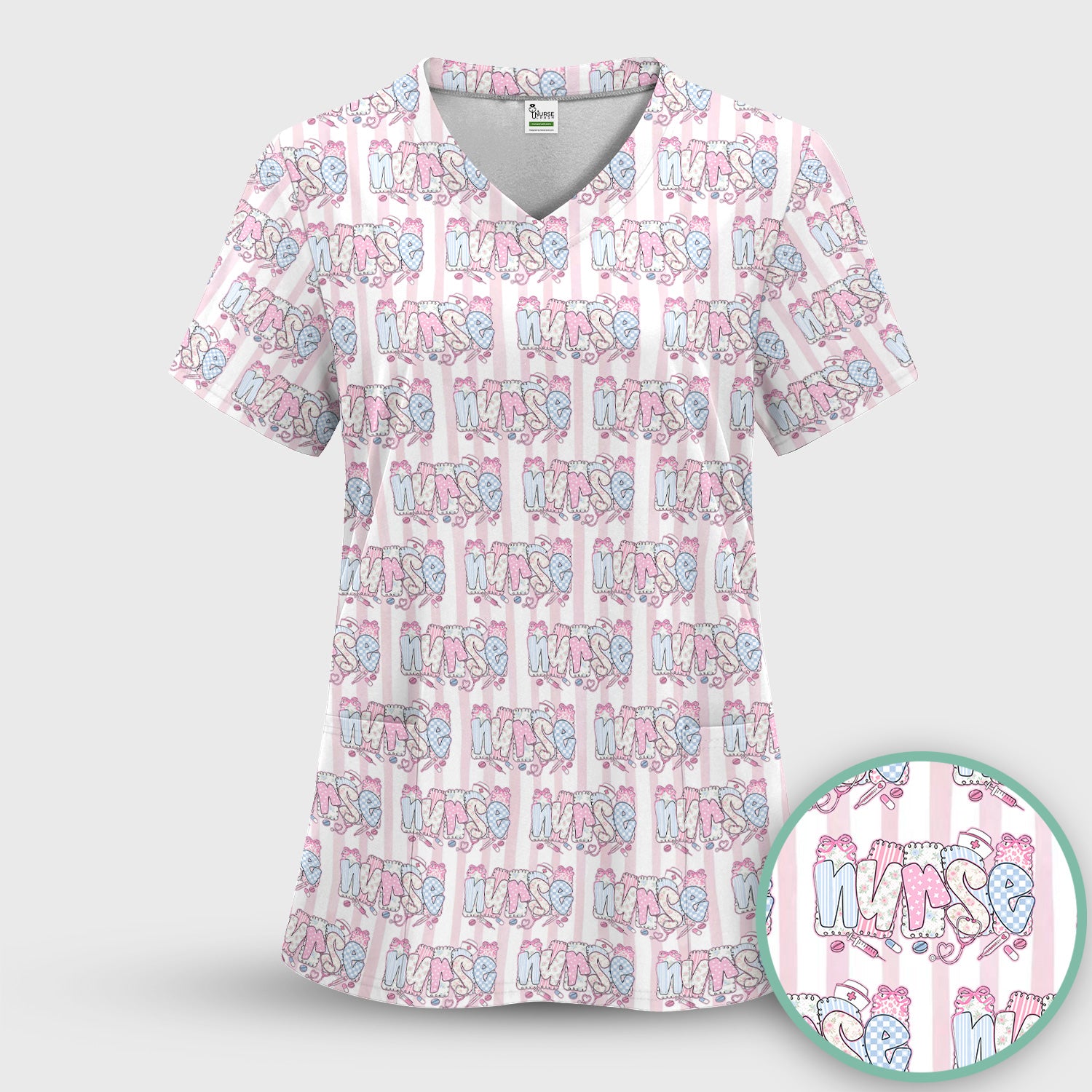 Cute Pastel Nurse Pattern Scrub Set, Scrub Pants and V Neck Top