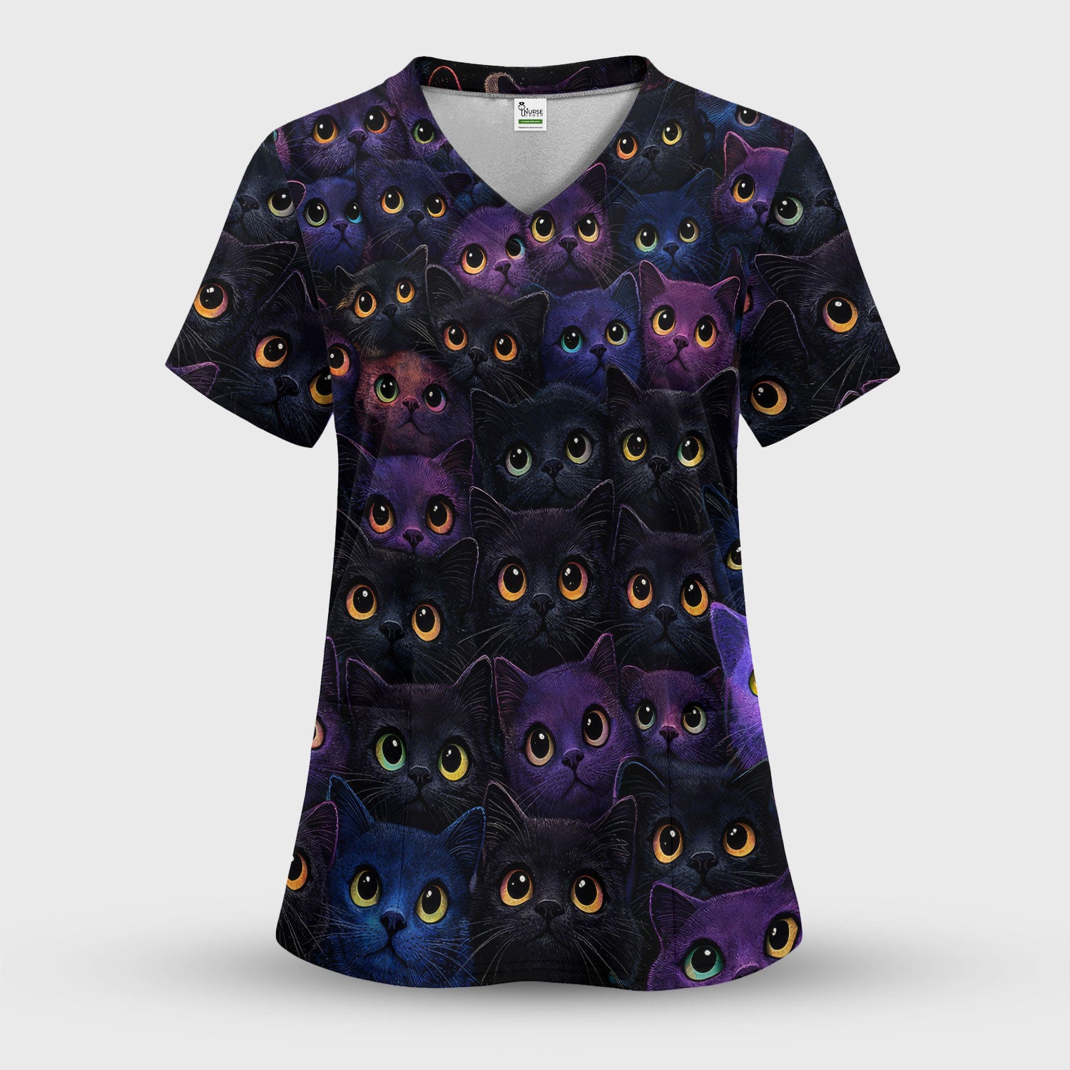 Cute Cat Eyes Pattern Scrub Top for Nurses, Breathable Fabrics Nursing Uniform