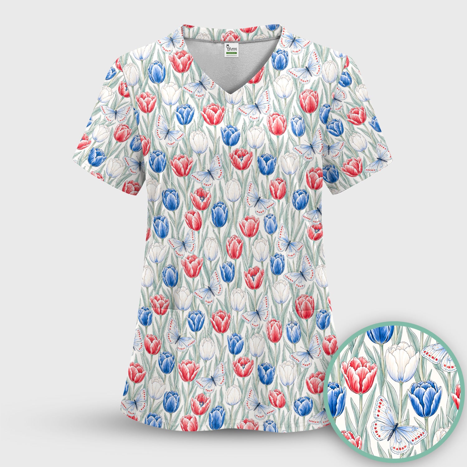 Patriotic Tulip Butterfly Nurse for RN, CNA, Healthcare Workers Scrub Set, Scrub Pants and V Neck Top
