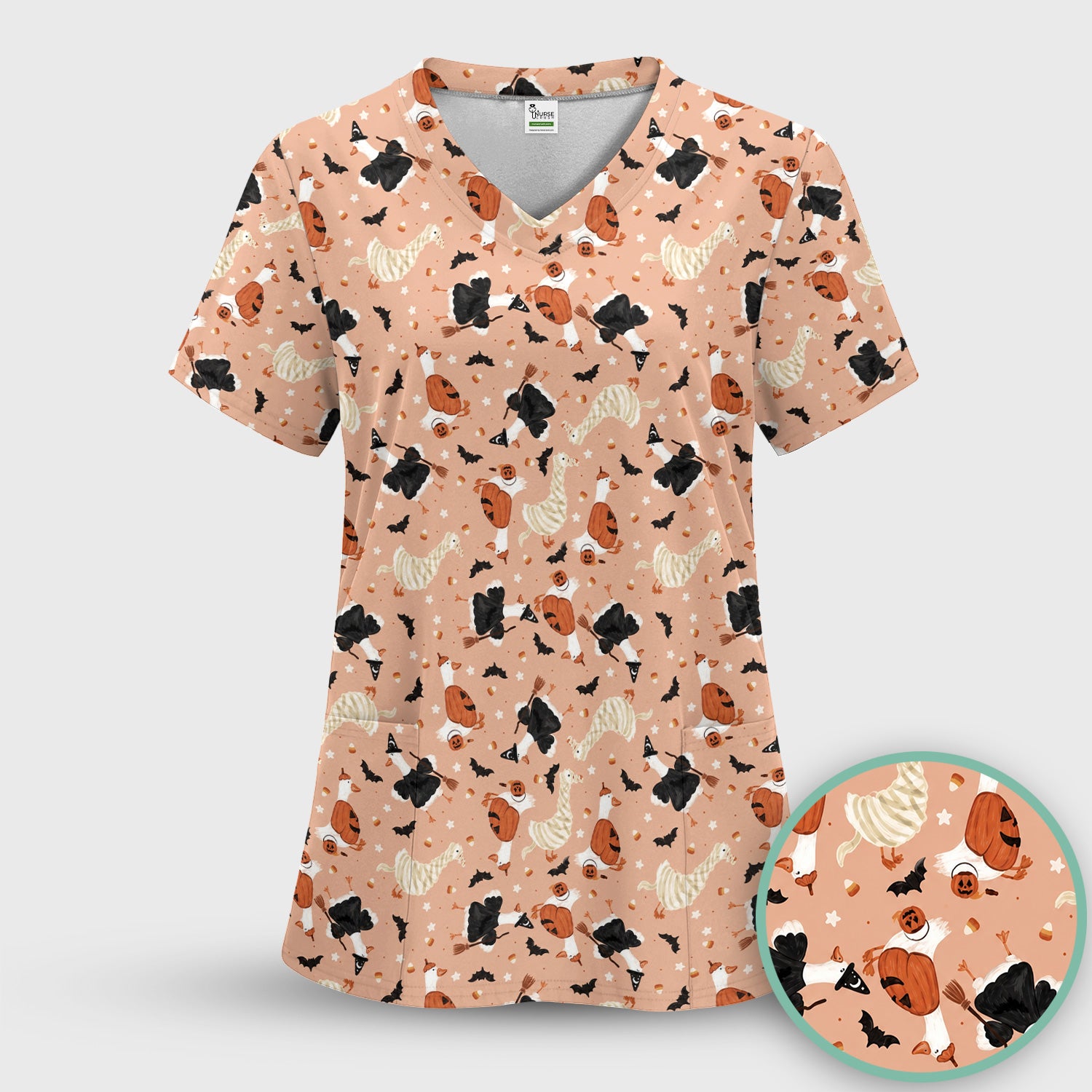 Halloween Goose with Pumpkin Bat Pattern Scrub Top, Comfortable Scrubs for Nurses