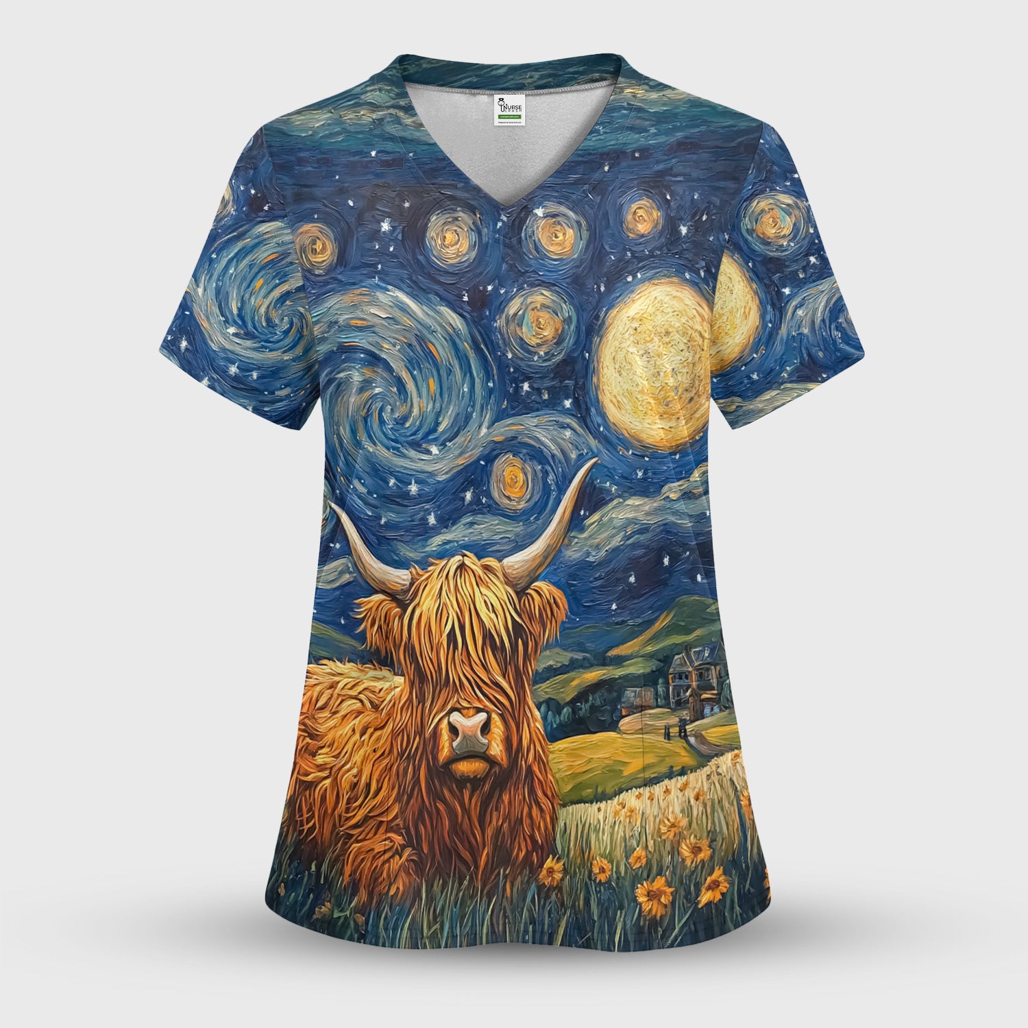 Artistic Highland Cow Starry Night Scene Pattern Scrub Top, Comfortable Scrubs for Nurses