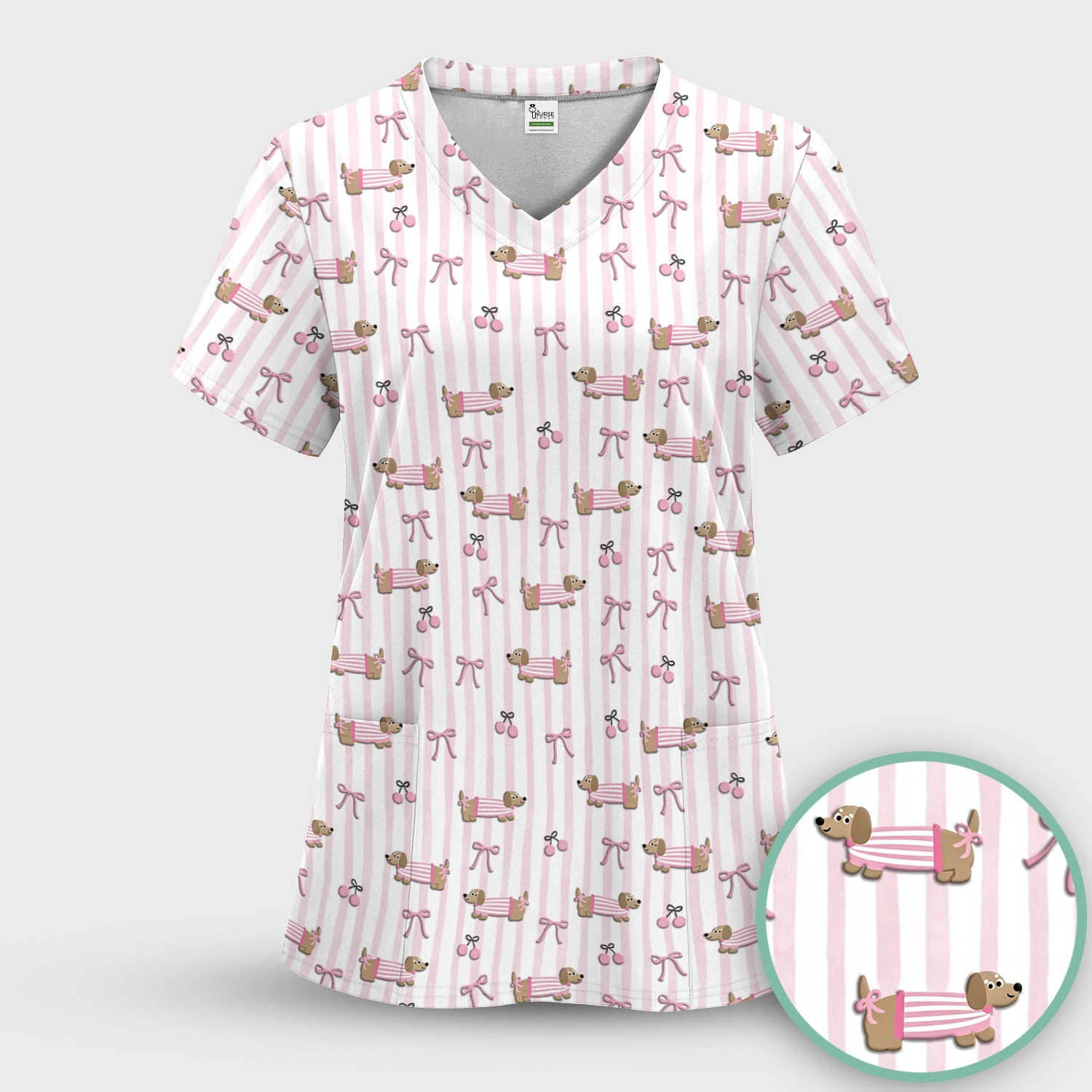 Cute Dachshund Pink Stripe Pattern Scrub Set, Women's Scrub Sets