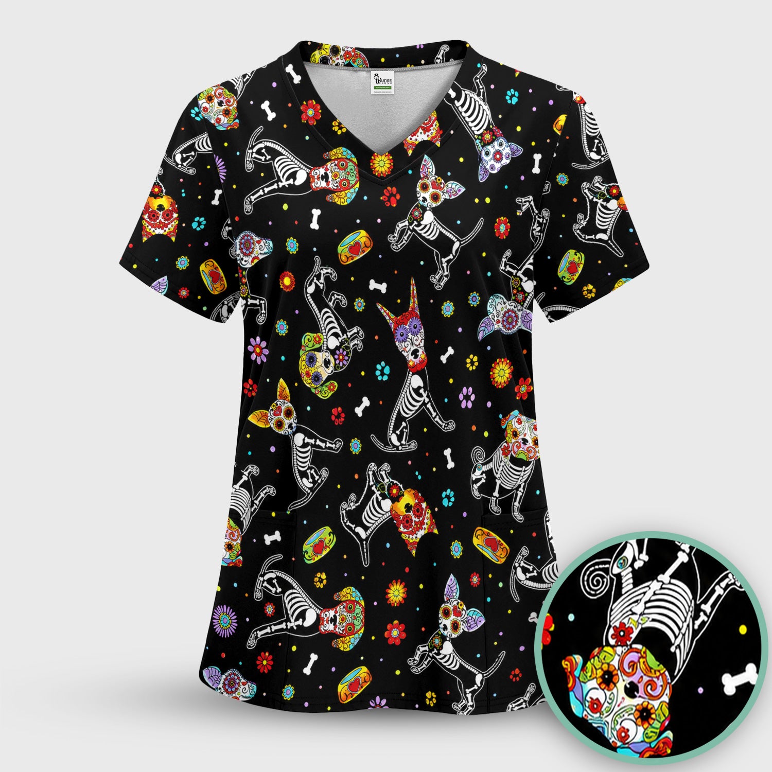 Colorful Day Of The Dead Dogs Scrub Set, Scrub Pants and V Neck Top