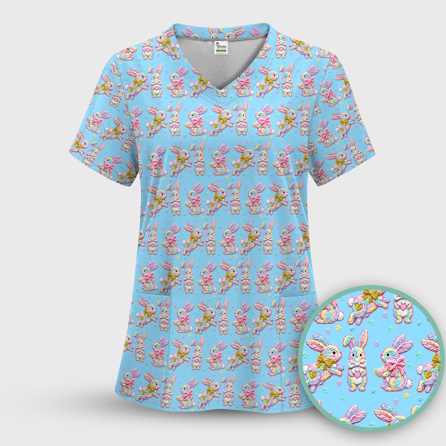 Cartoon Bunny All Over Print Scrub Top, Comfortable Scrubs for Nurses, Easter
