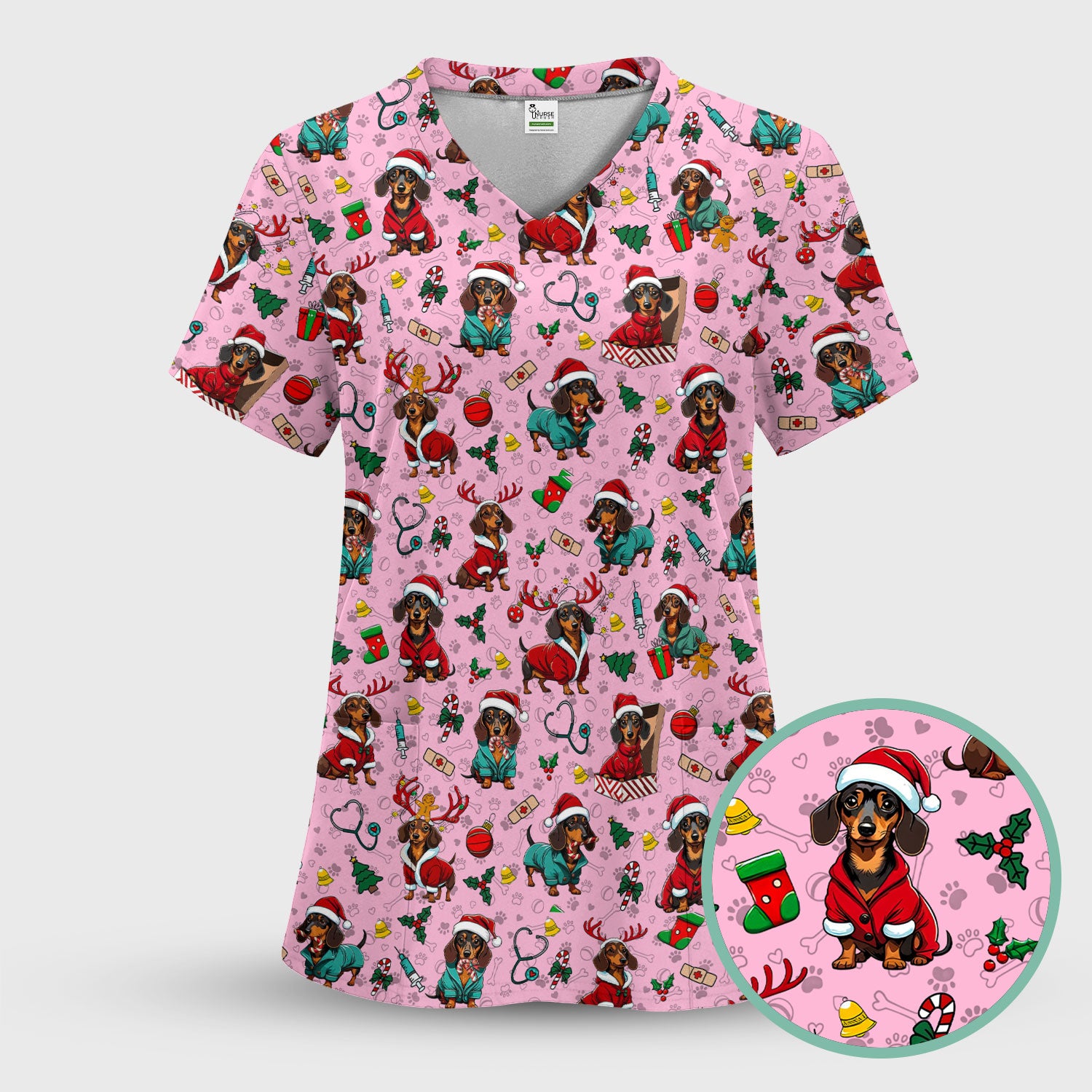 Christmas Dachshund Scrubs for Nurses - Cute Sausage Dog Holiday Scrub Top - Funny Reindeer & Santa Medical Shirt for Women